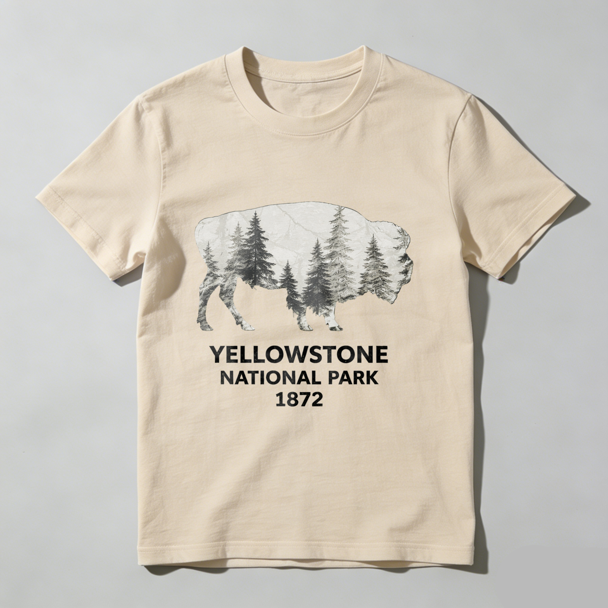 TEECURENT Yellowstone National Park Bison Forest Design T-Shirt 1872 Wildlife Nature Graphic Men's Black Shirt