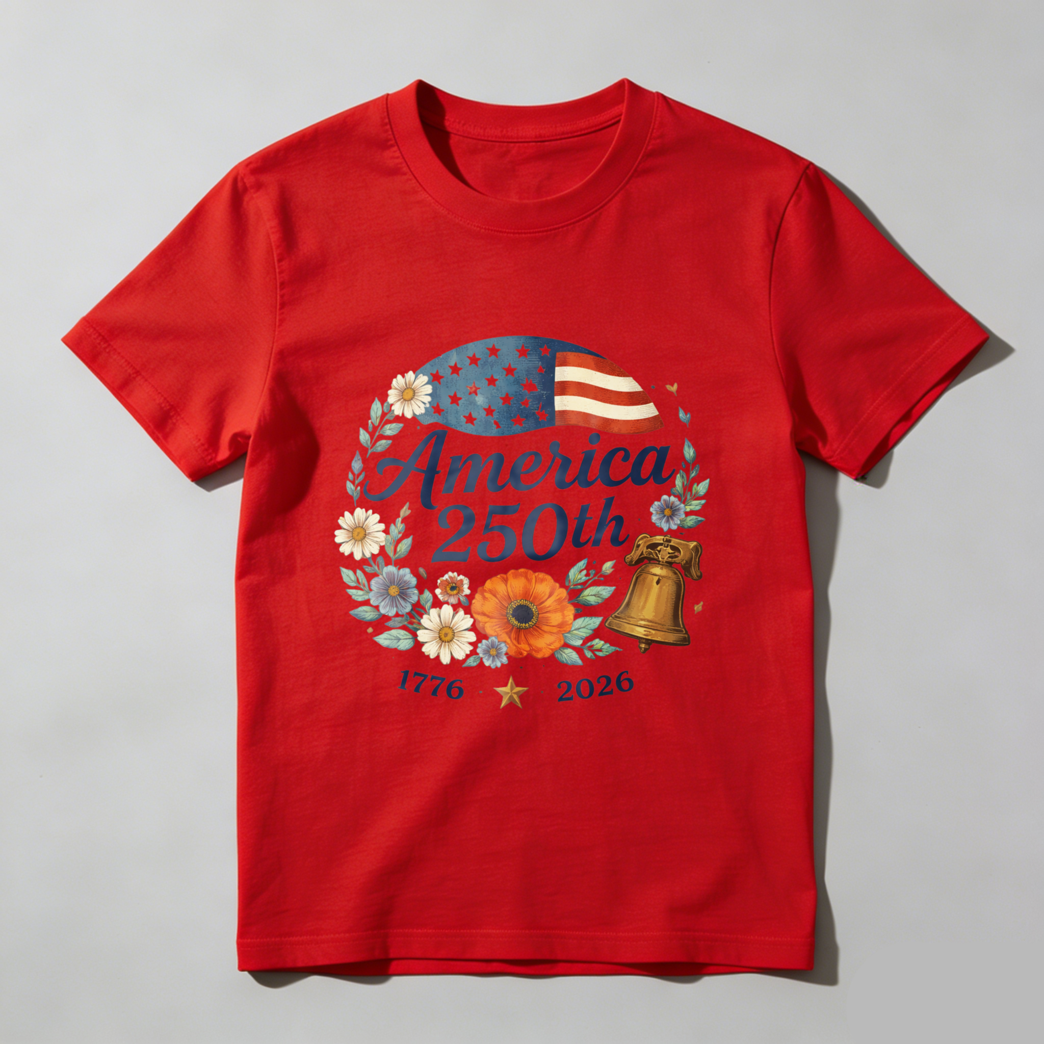 America 250th Anniversary 1776 To 2026 Independence Day Celebration T Shirt With Liberty Bell And Floral Design