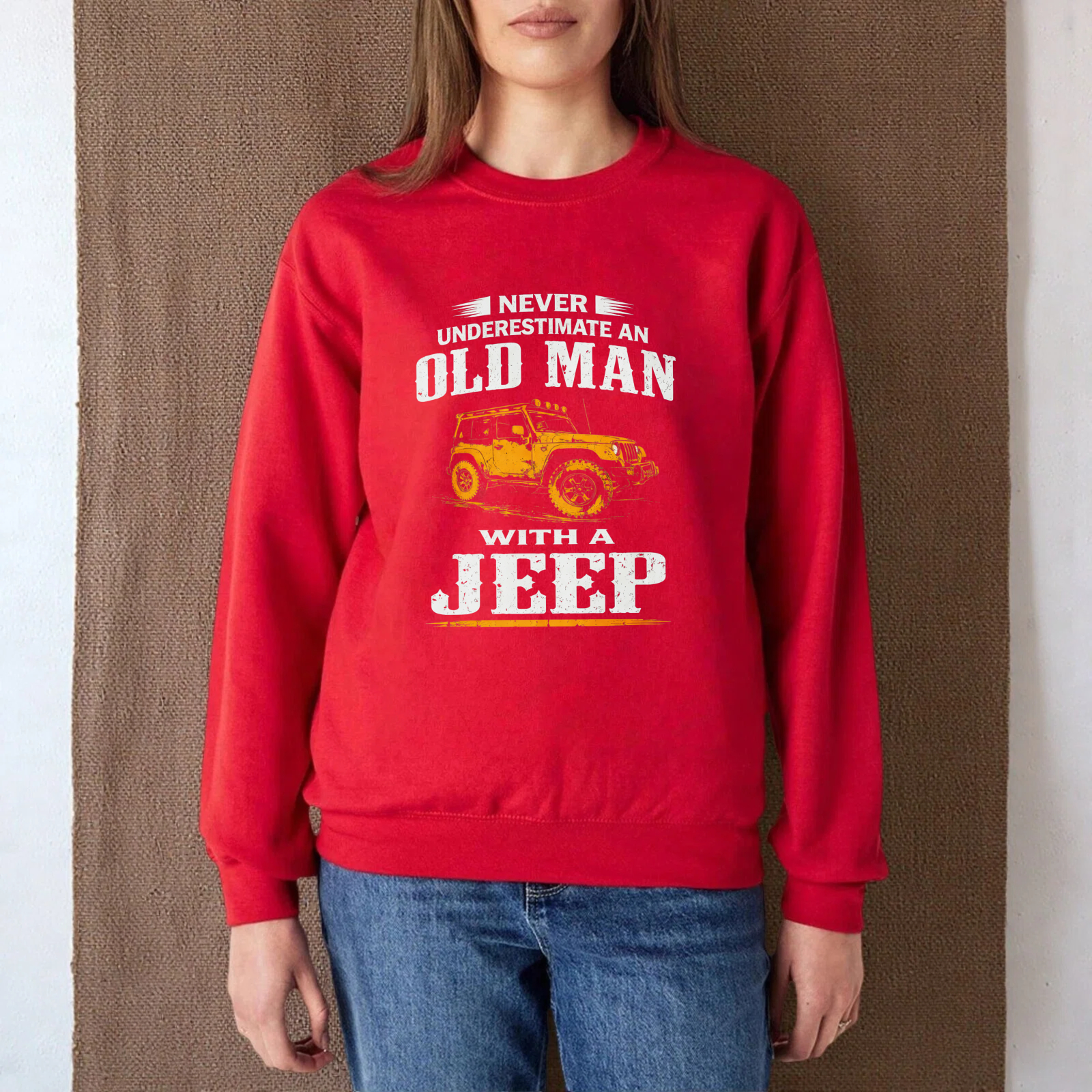 TEECURENT Never Underestimate An Old Man With A Jeep Sweatshirt For Men And Women Unisex Crewneck Pullover Long Sleeve Casual Top