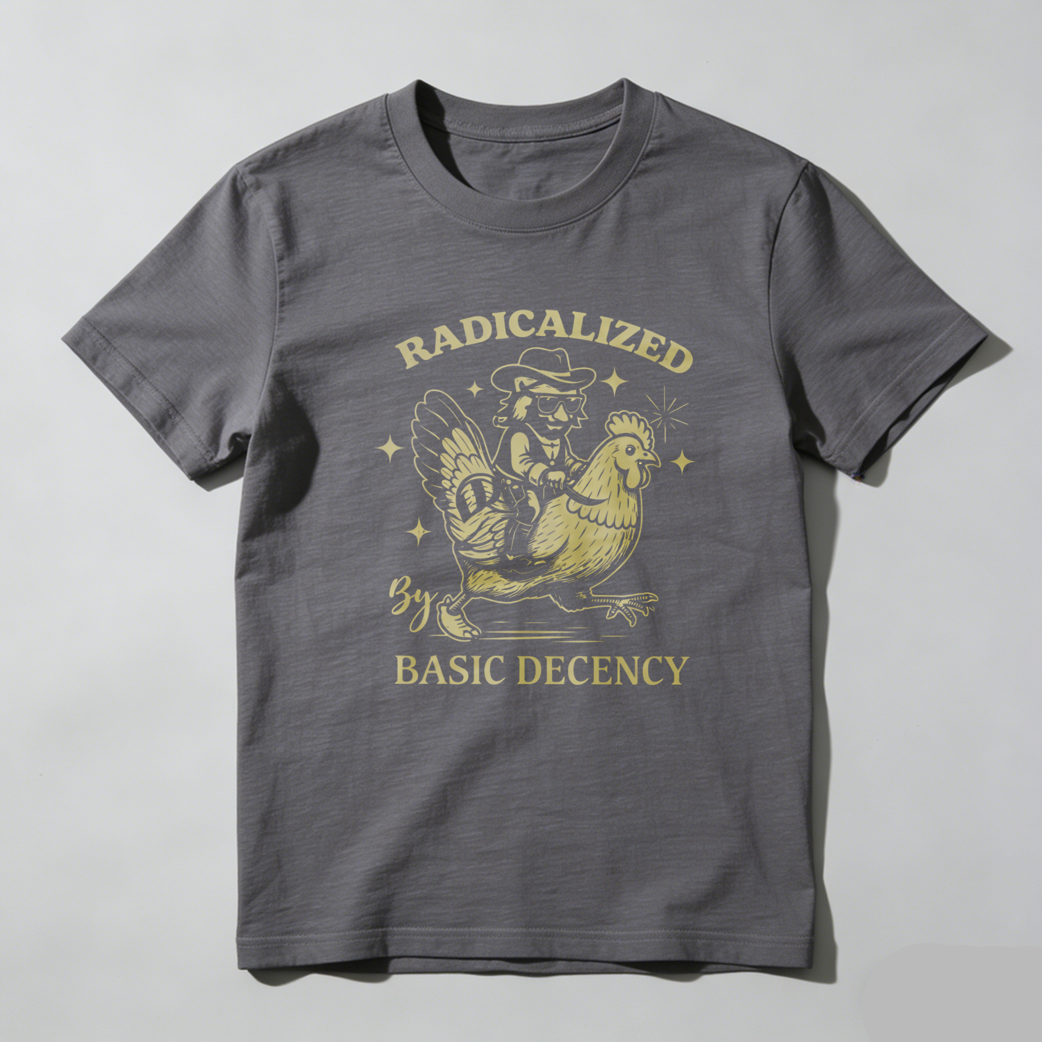 TEECURENTRadicalized By Basic Decency T Shirt With Chicken And Cowboy Graphic Design Black Cotton Men Women Unisex Apparel-TeeCurent
