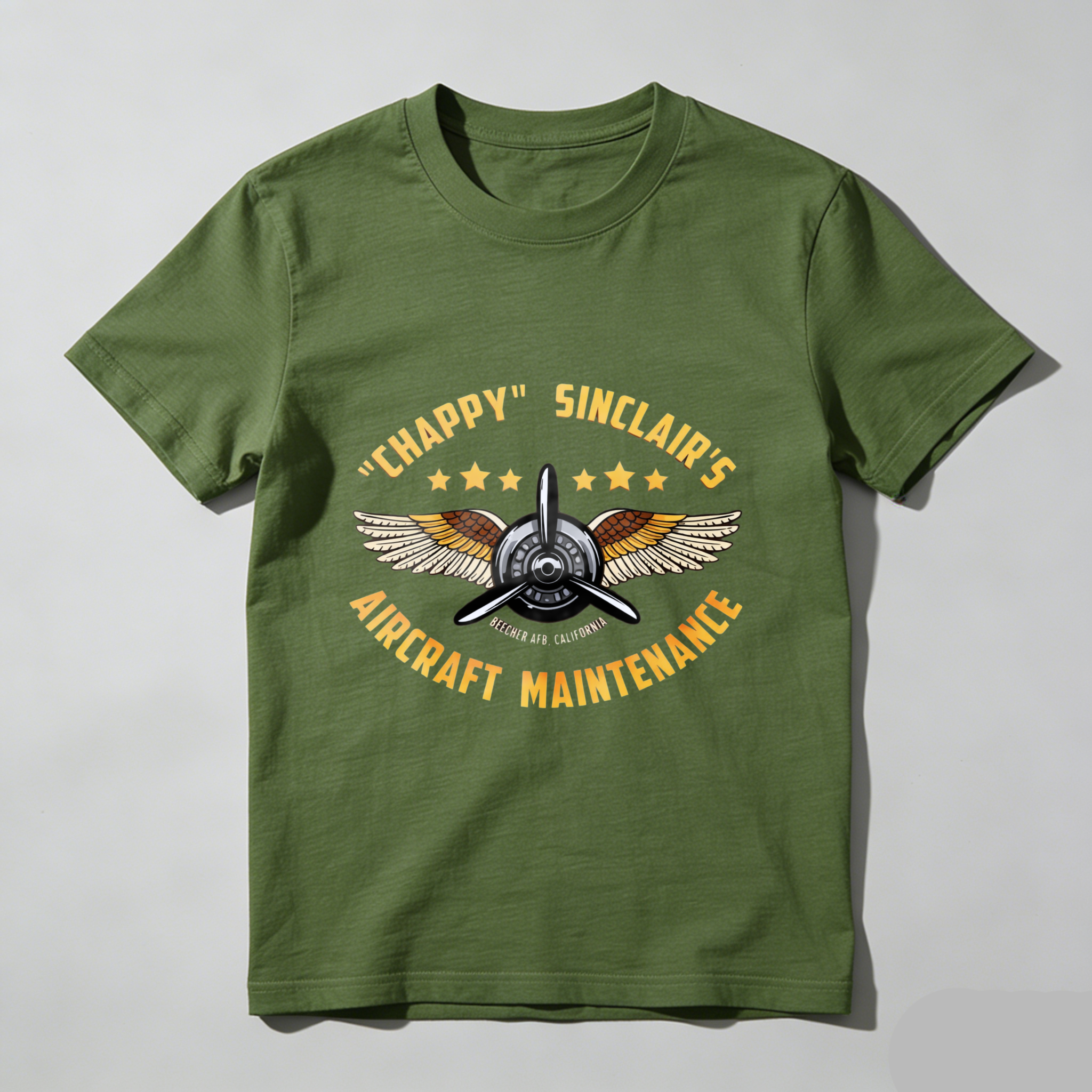 Chappy Sinclairs Aircraft Maintenance T Shirt Black Vintage Aviator Design With Wings And Propeller Logo For Aviation Enthusiasts