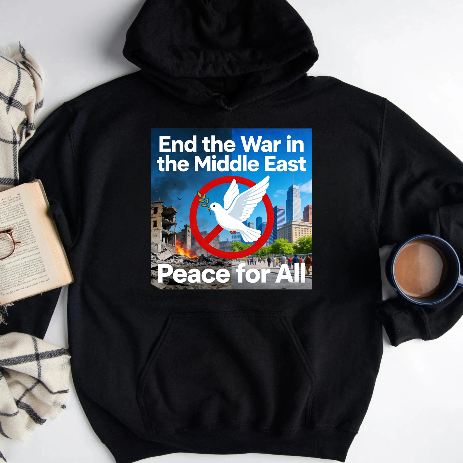 TEECURENT End The War In The Middle East Peace For All Hoodie With Dove And Cityscape Design