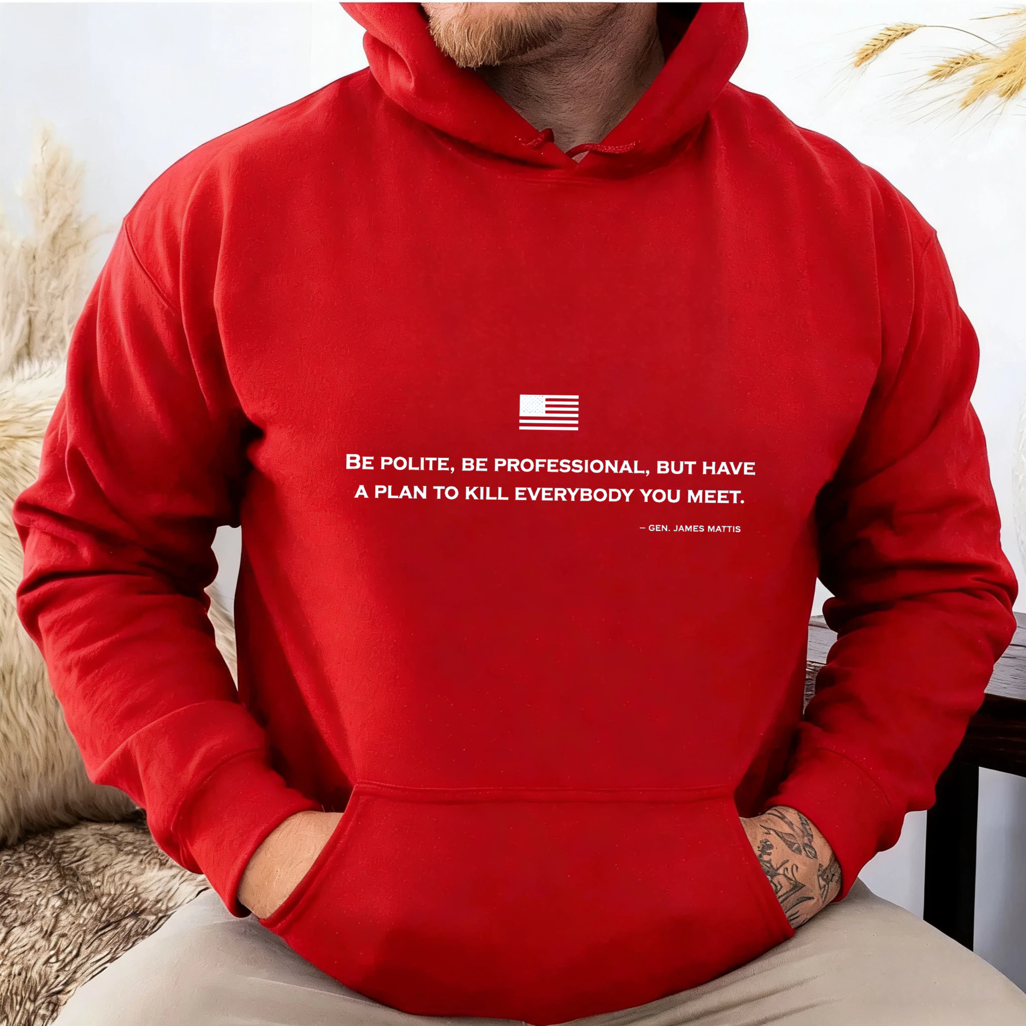 TEECURENT Gildan Be Polite Be Professional But Have A Plan To Kill Everybody You Meet Hoodie With American Flag Quote For Men And Women Casual Sweatshirt With Pockets Black Pullover Top