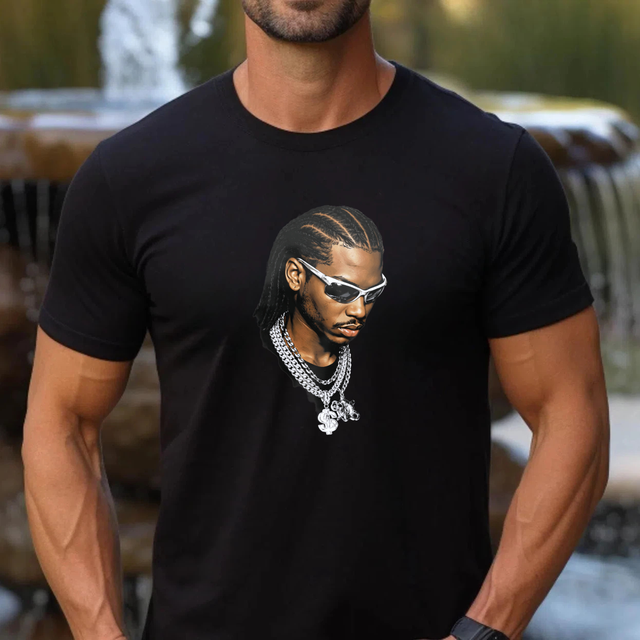 TEECURENT T Shirt Black With Portrait Of Man Wearing Sunglasses And Chain Necklace Streetwear Style Graphic Design
