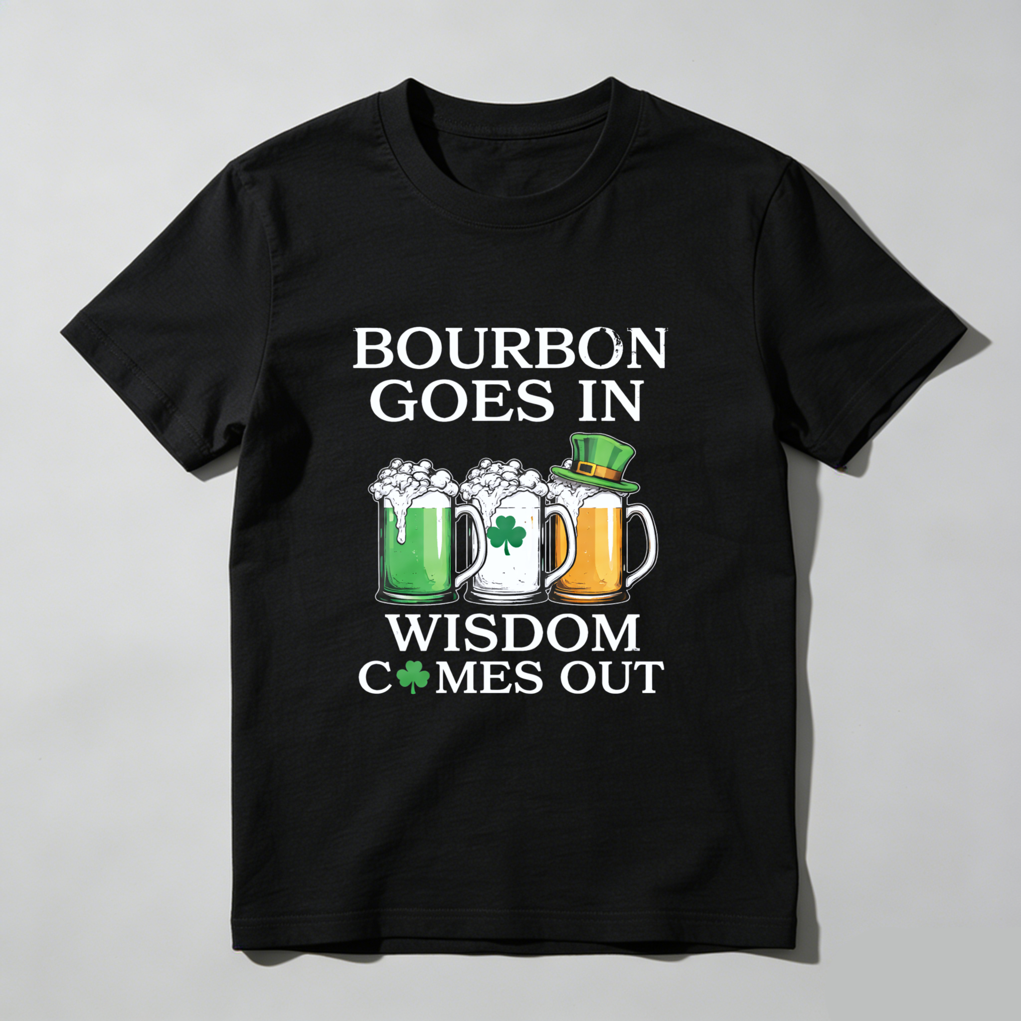 TEECURENT Bourbon Goes In Wisdom Comes Out St Patrick's Day Beer Shirt With Shamrock And Mug Design For Men Women Unisex T-Shirt