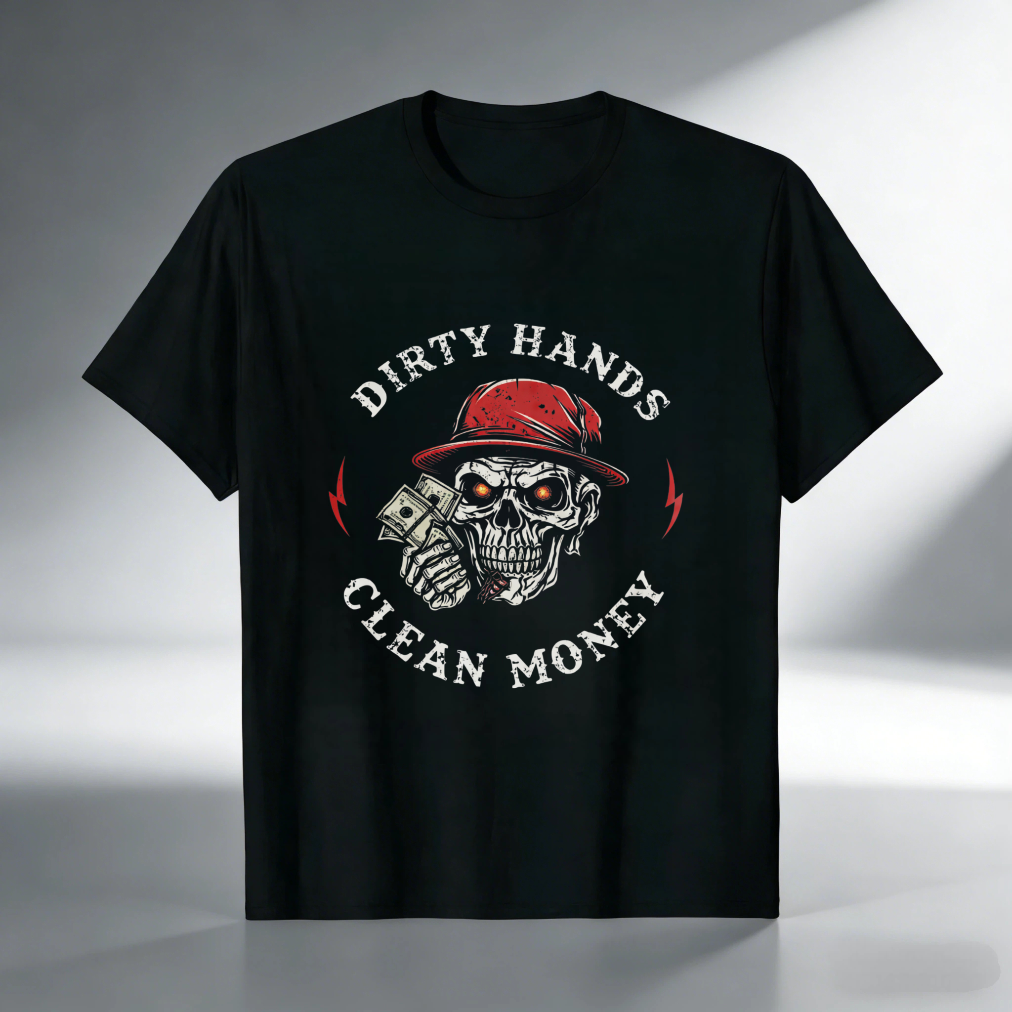 TEECURENT Dirty Hands Clean Money Skull T Shirt With Red Hat And Money Graphic Design For Men And Women