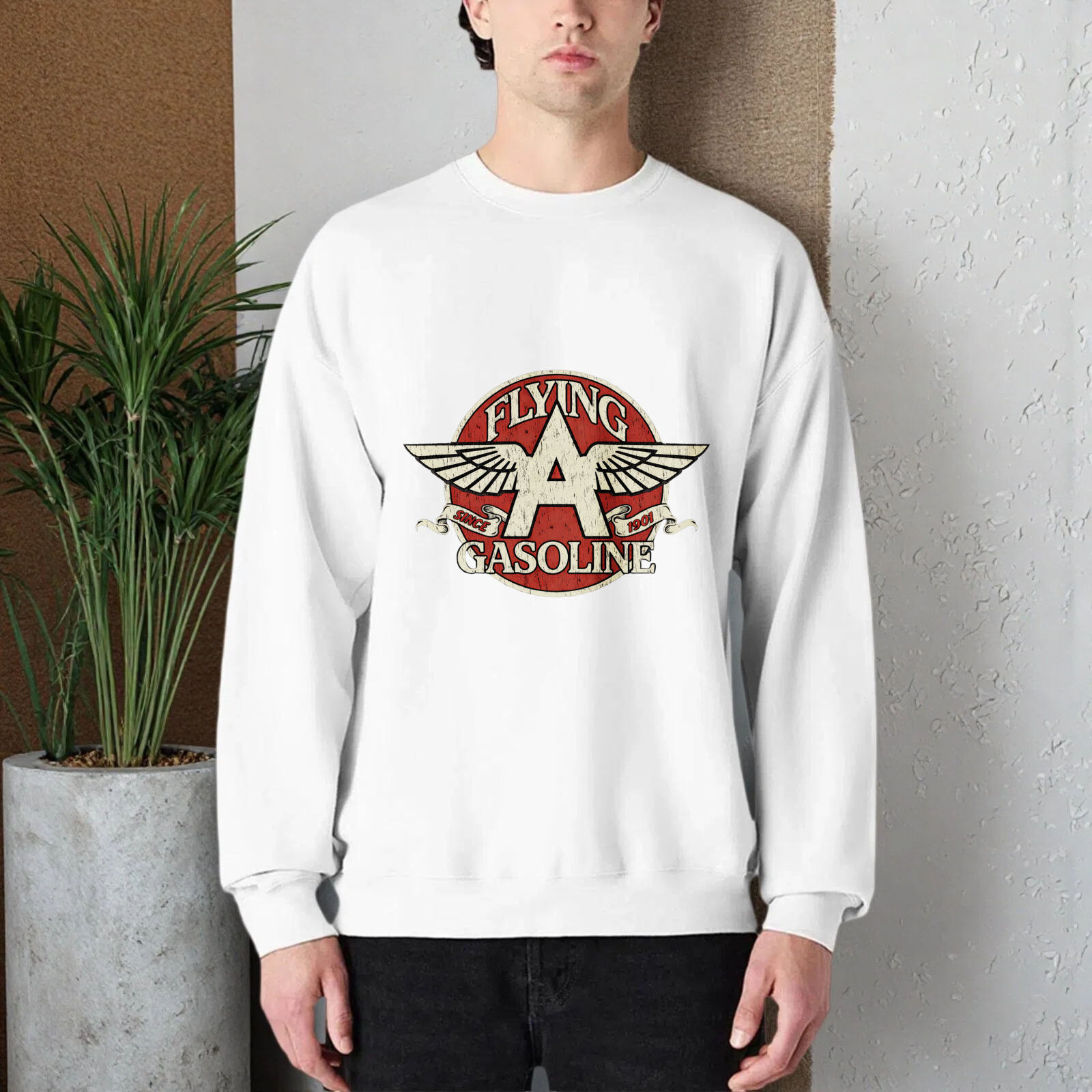 TEECURENT Flying A Gasoline Logo Sweatshirt Unisex Crewneck Pullover Black Vintage Style Graphic Sweatshirt