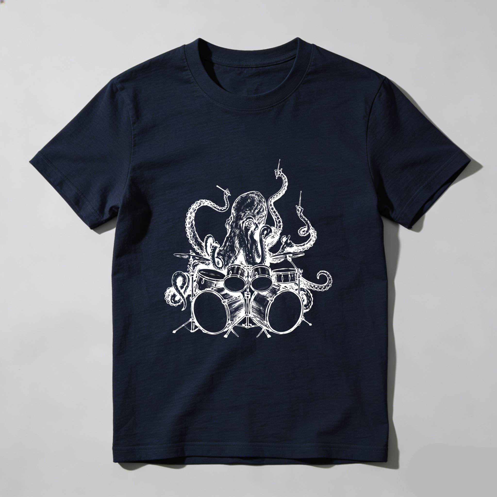 Octopus Drummer Music Band T Shirt Rock And Roll Punk Art Design Black Cotton Tee For Men Women Unisex Apparel Gift