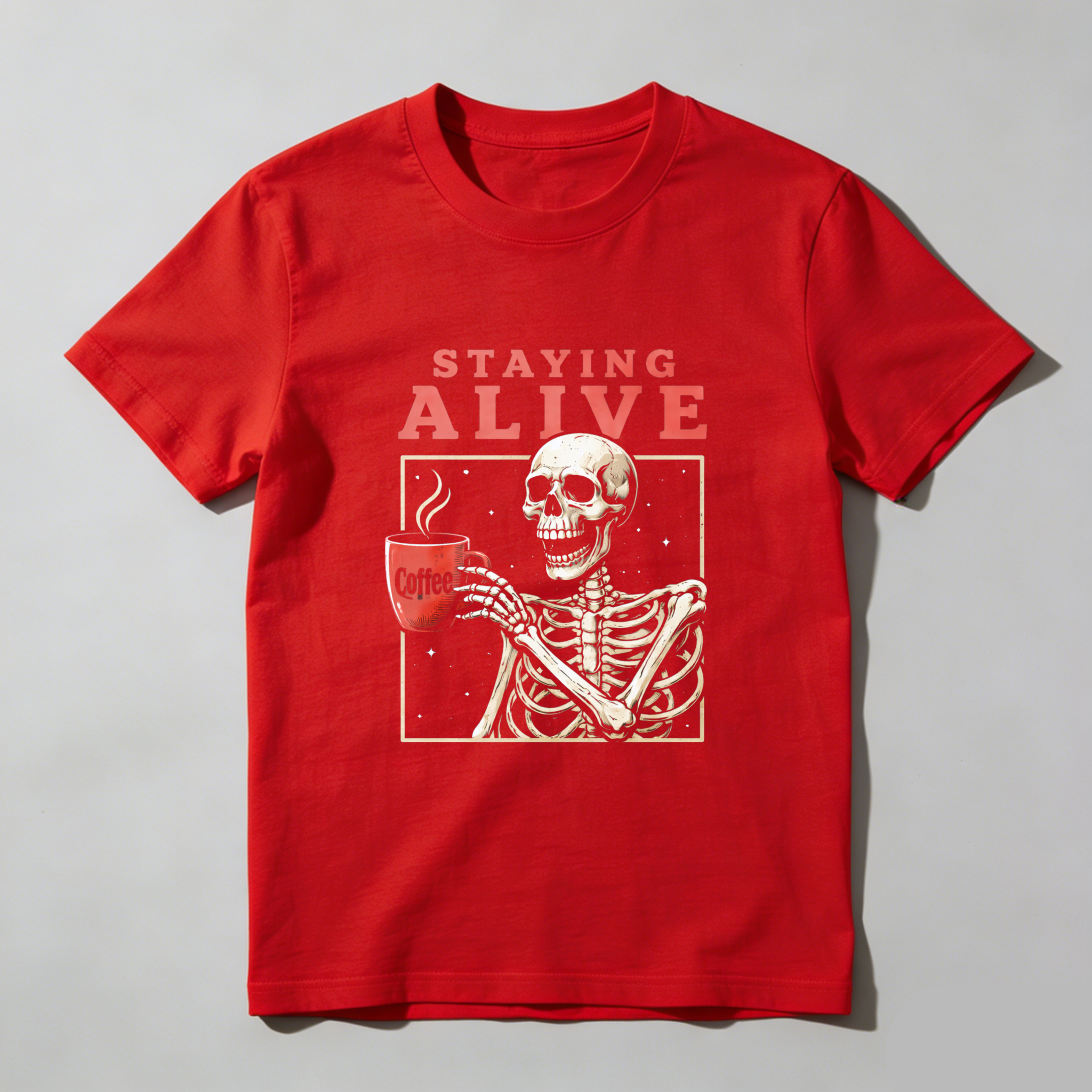 TEECURENT Staying Alive Skeleton Coffee Mug T-Shirt Funny Halloween Gift For Coffee Lovers WOMEN