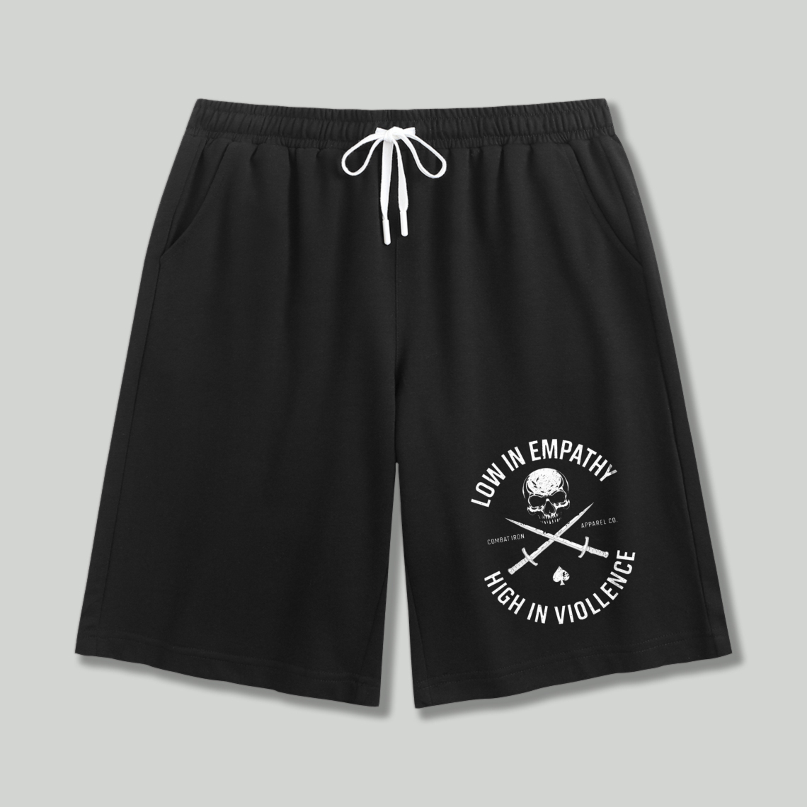 Low In Empathy High In Violence Skull And Crossed Swords Graphic Shorts