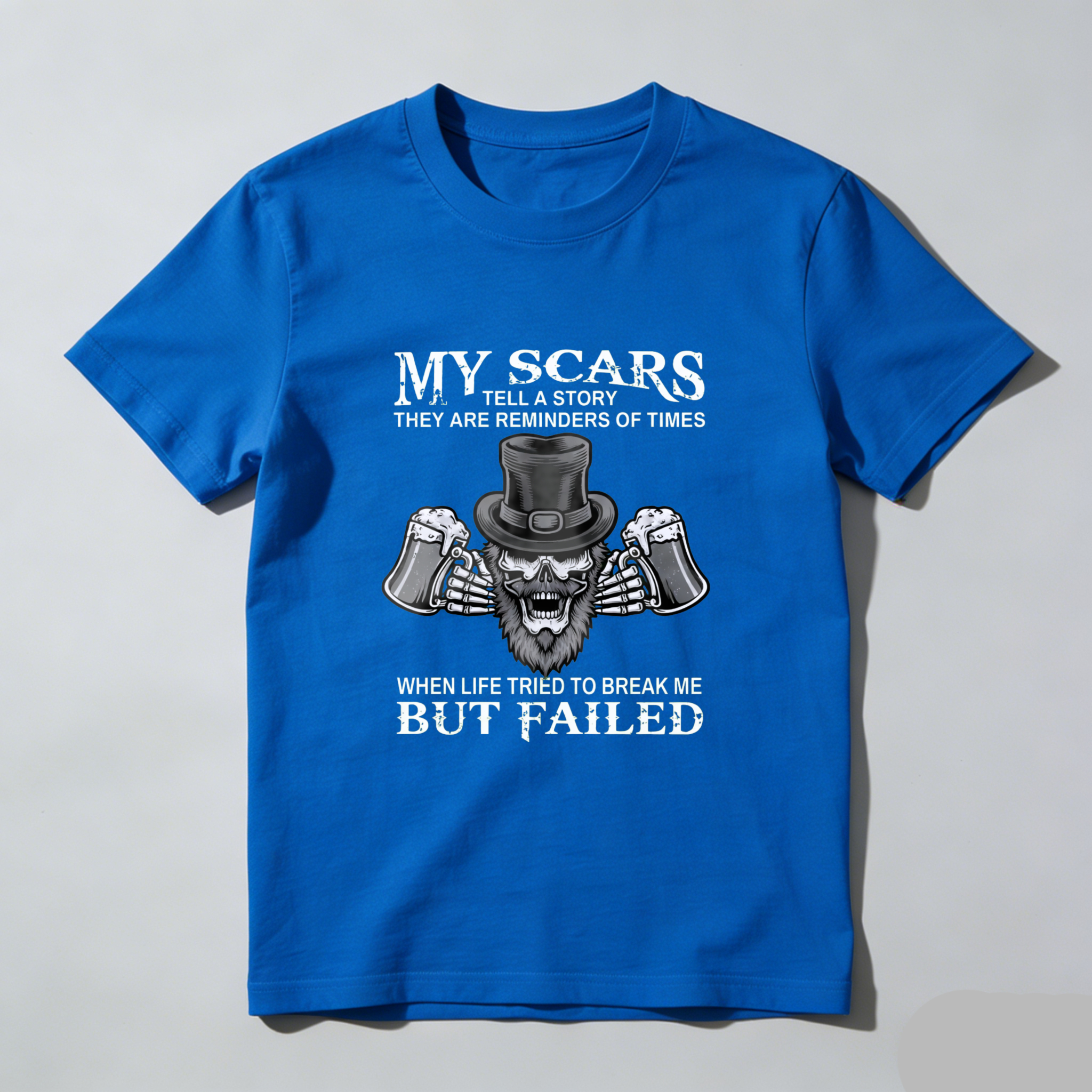 TEECURENT My Scars Tell A Story They Are Reminders Of Times When Life Tried To Break Me But Failed T Shirt With Skull And Beer Design