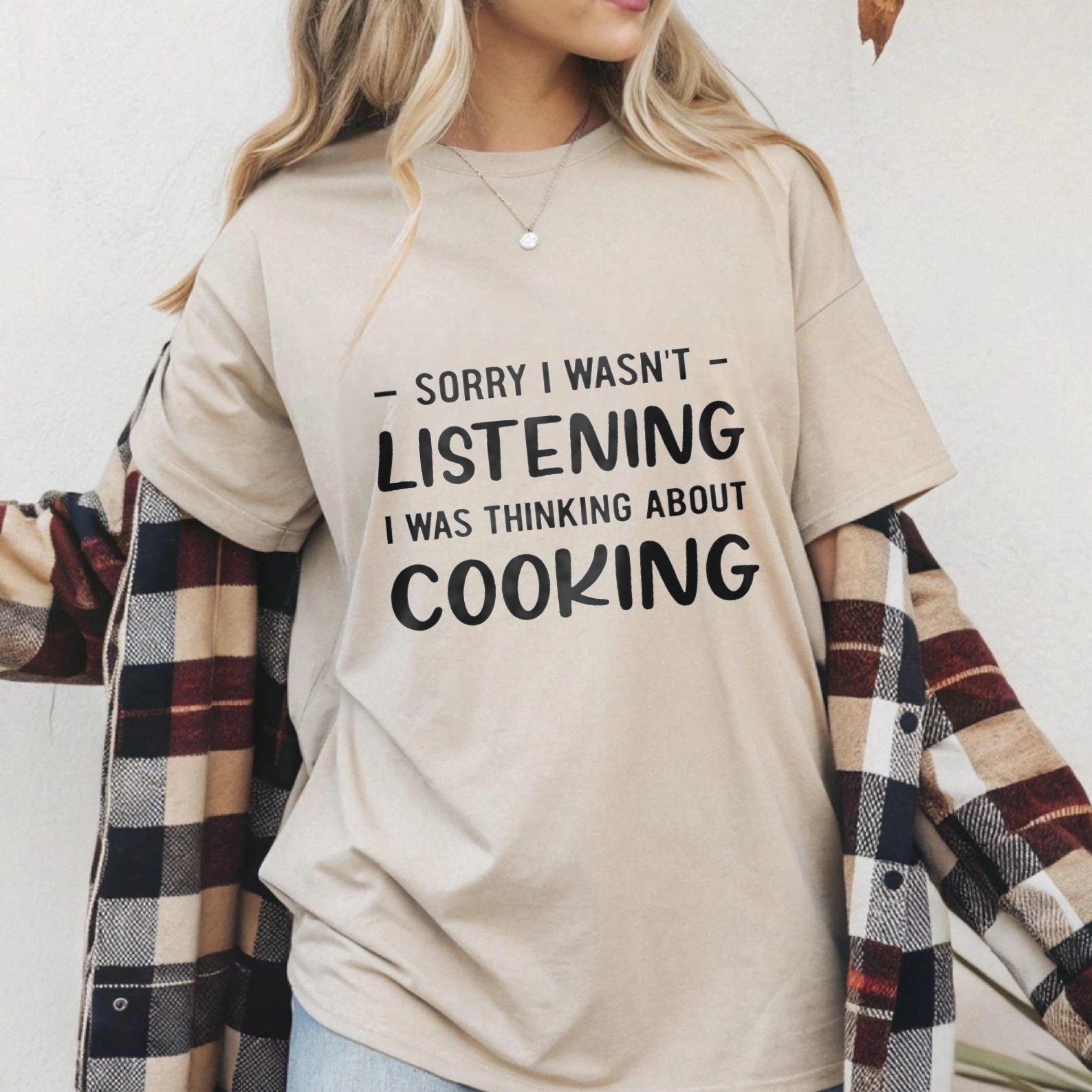 TEECURENT Sorry I Wasnt Listening I Was Thinking About Cooking T Shirt Funny Cooking Lover Gift For Chef Food Enthusiast Kitchen Humor Apparel WOMEN