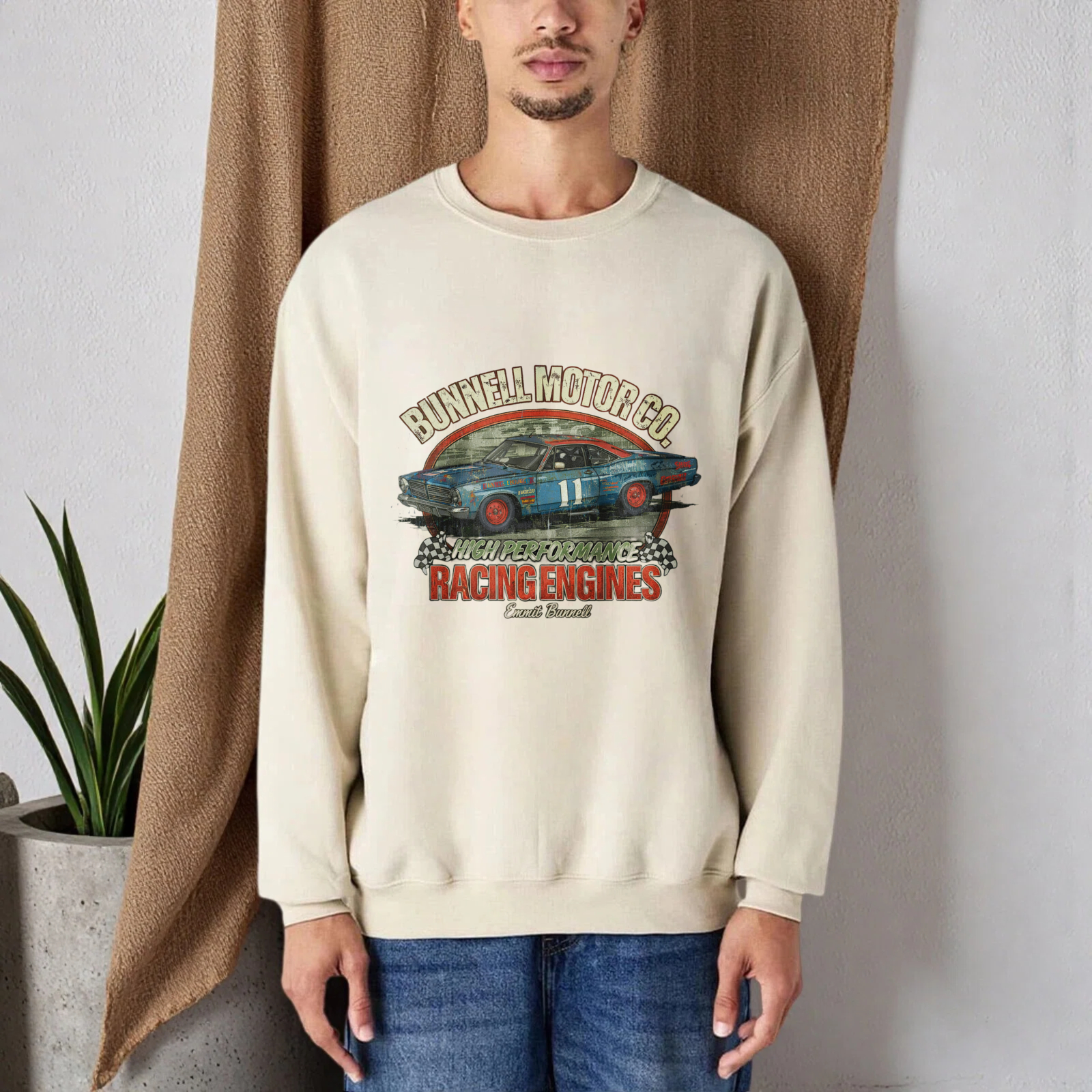 TEECURENT Bunnell Motor Co Racing Engines Sweatshirt Classic Car Graphic Crewneck Pullover Black