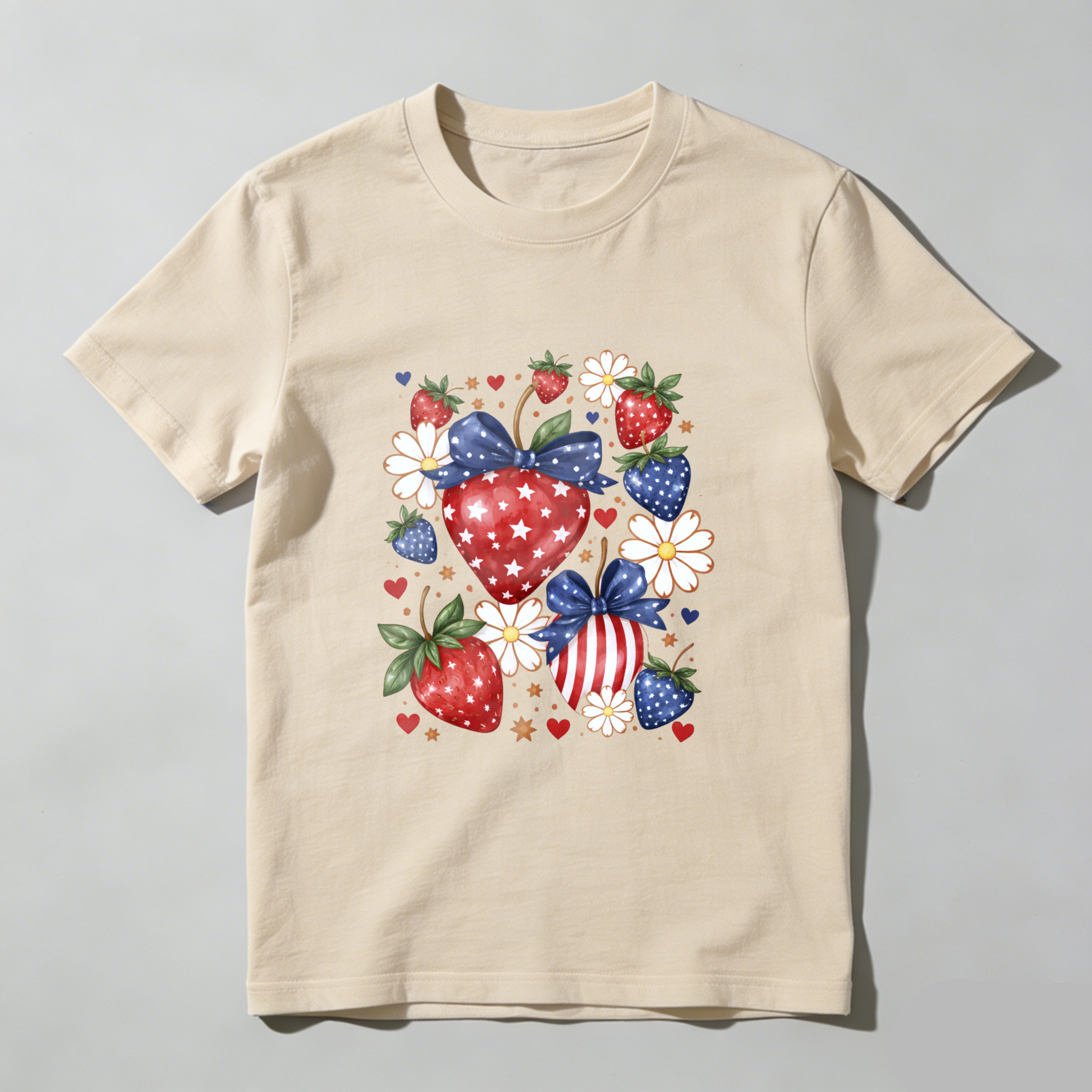TEECURENT Patriotic Strawberry Heart Design American Flag Theme T Shirt Independence Day Celebration Apparel Red White Blue Stars And Stripes Fruit Pattern Casual Wear For Men Women Unisex Fashion Top WOMEN