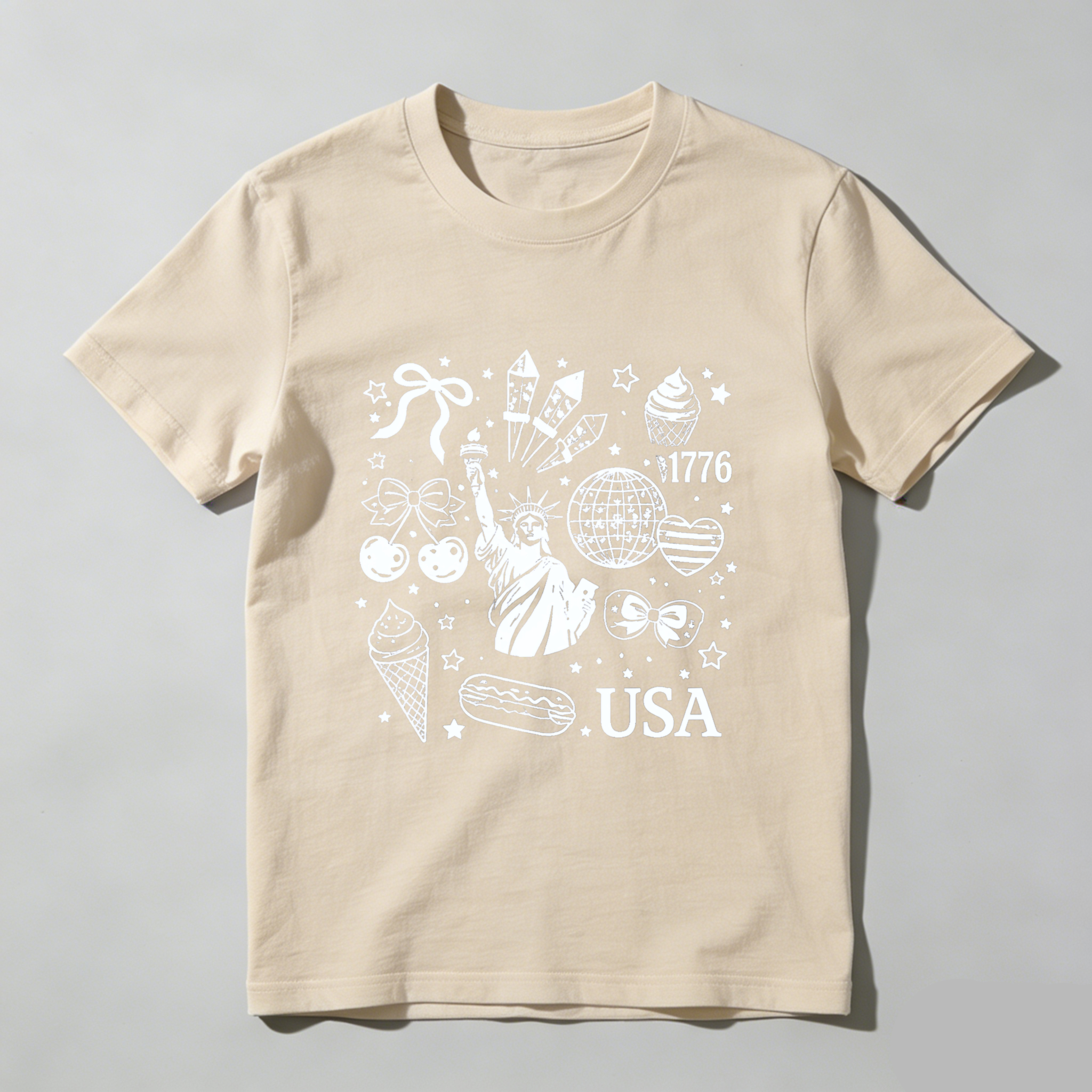 TEECURENT American Independence Day Celebration T Shirt Usa 1776 Statue Of Liberty Fireworks Ice Cream Hot Dog Stars And Stripes Patriotic Design WOMEN