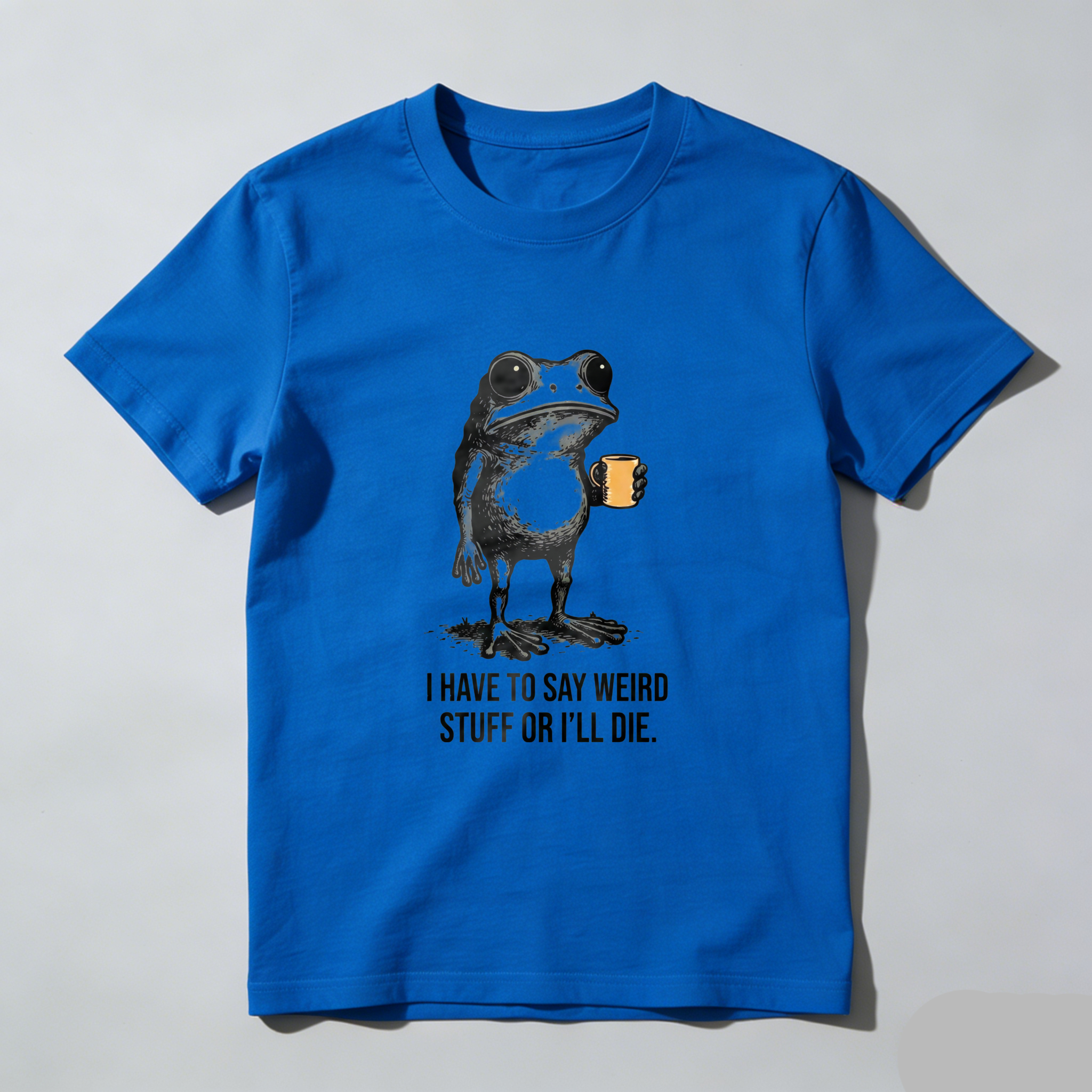 TEECURENT  Frog Holding Mug With Text Pure Cotton Short Sleeve T Shirt- HOT