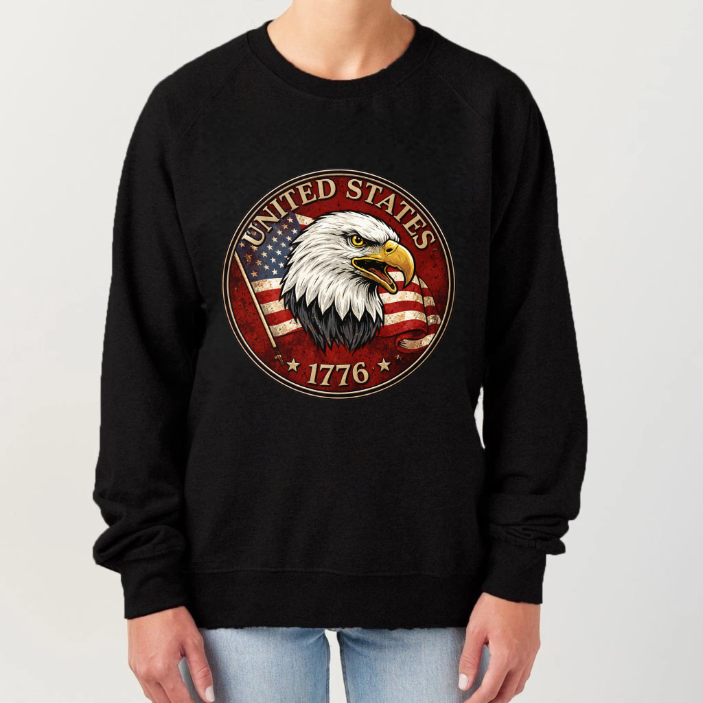 United States Eagle American Flag 1776 Sweatshirt Patriotic Crewneck Pullover Black