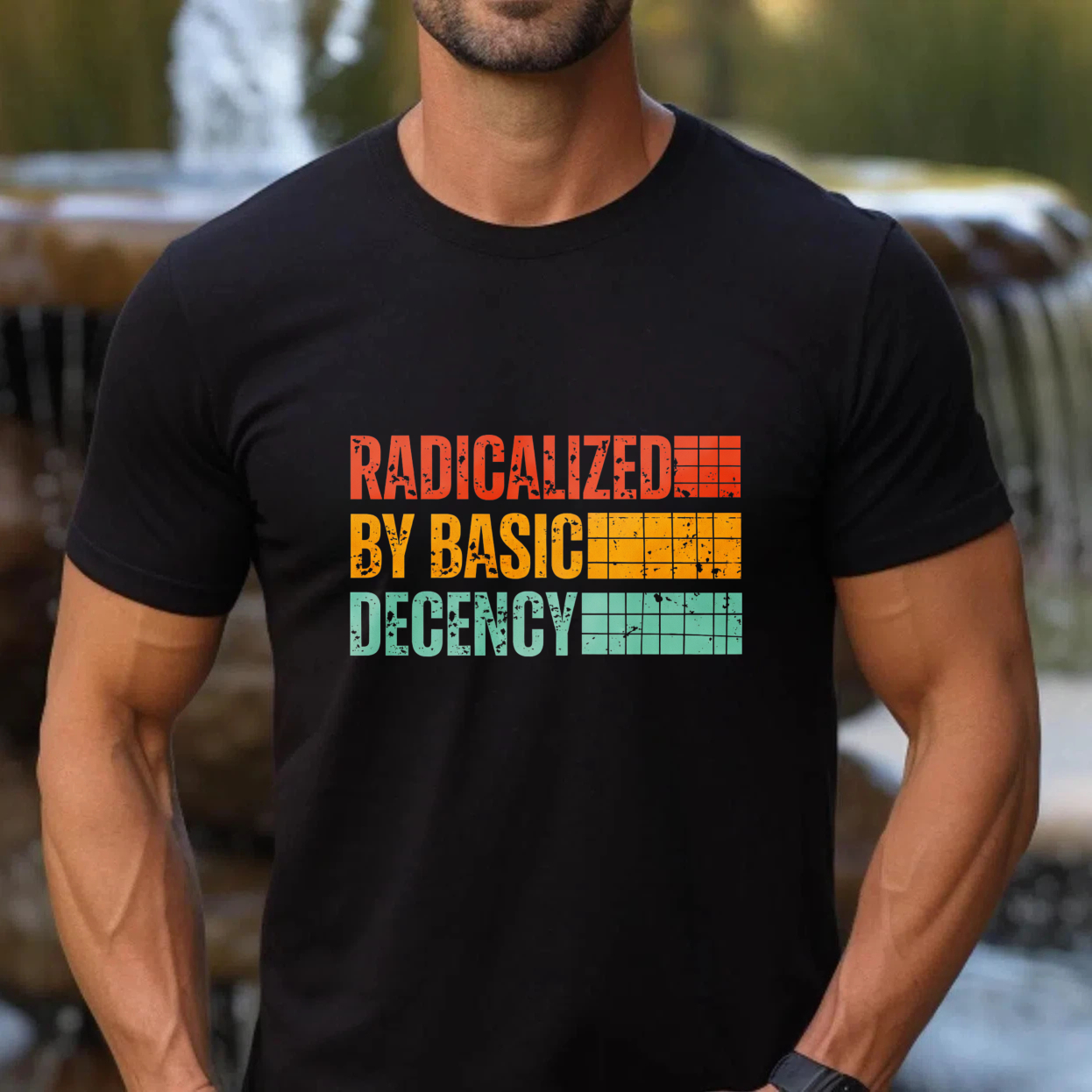 TEECURENTRadicalized By Basic Decency T Shirt Retro Style Color Block Design Black Cotton Tee Men Women Unisex Fashion Statement Apparel-TeeCurent