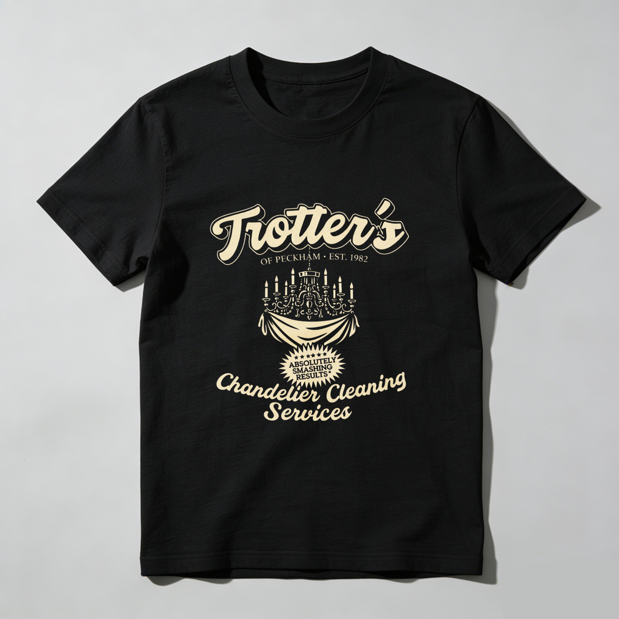 TEECURENT Trotters Chandelier Cleaning Services T Shirt Of Peckham Est 1982 Vintage Style Graphic Tee