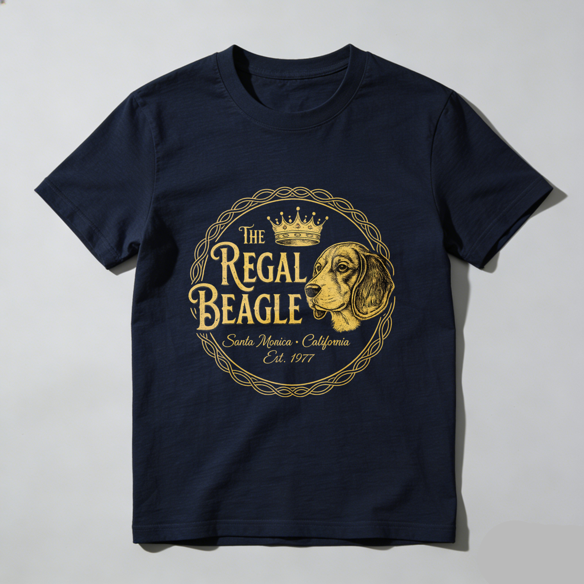 TEECURENT The Regal Beagle Dog T-Shirt Santa Monica California Established 1977 Vintage Canine Graphic Tee Black Gold Design