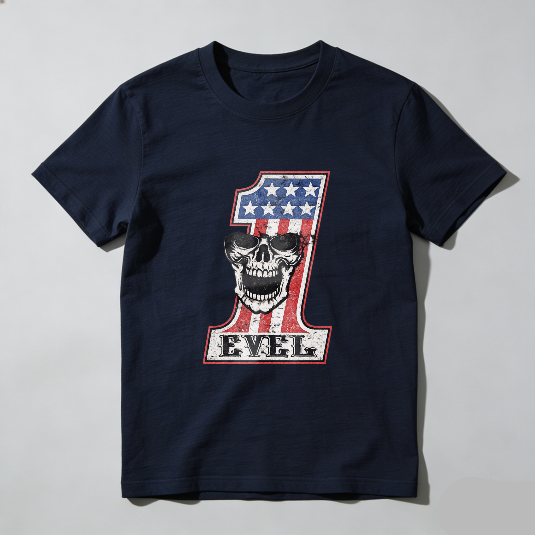 Level One American Flag Skull Design Black T-Shirt Made In Usa