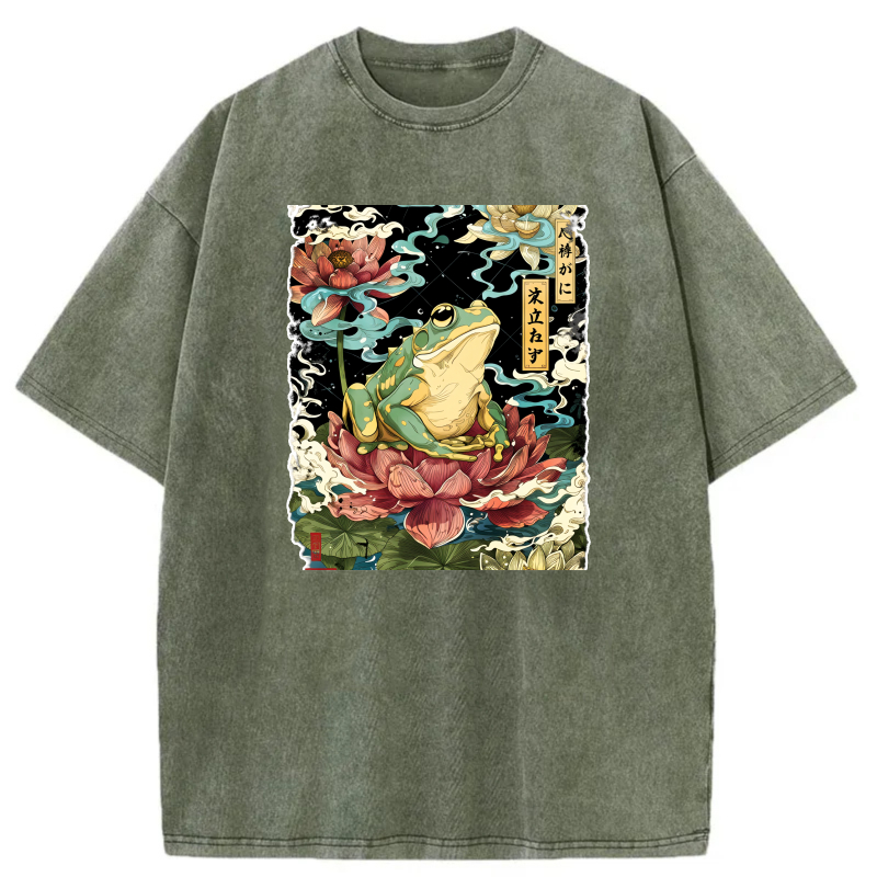 Frog On Lotus Flower With Japanese Text tshirt 100% cotton