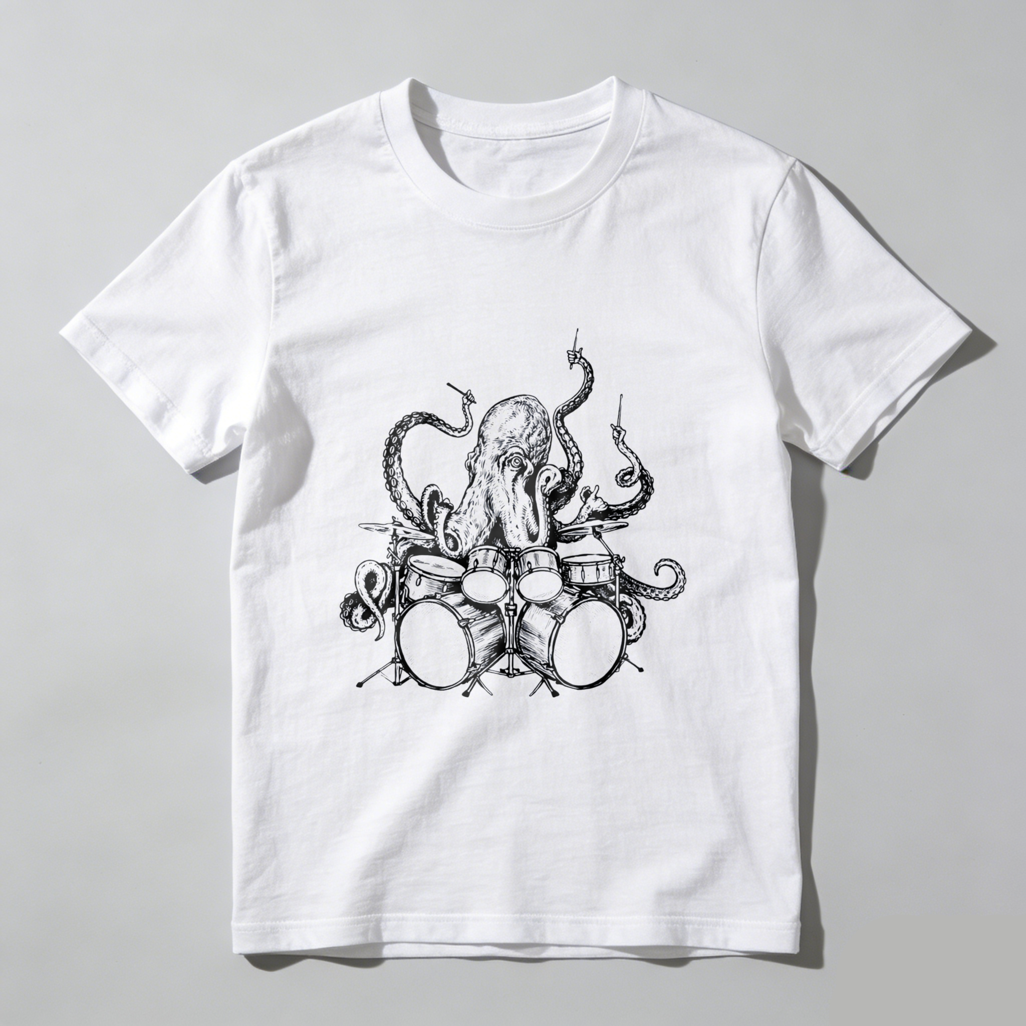 Octopus Drummer Music Band T Shirt Rock And Roll Punk Art Design Black Cotton Tee For Men Women Unisex Apparel Gift