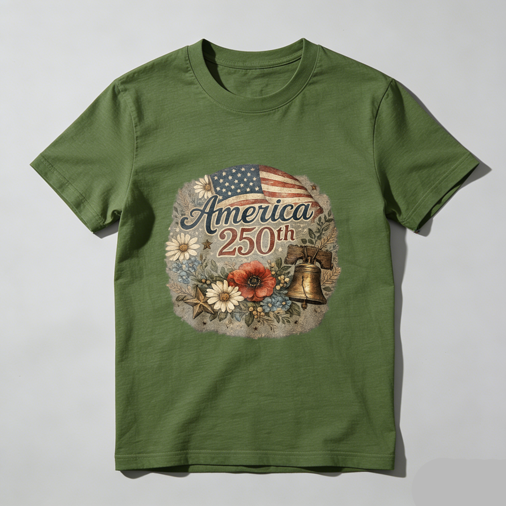 America 250th Anniversary Independence Day Patriotic T Shirt With American Flag Liberty Bell And Flowers Design
