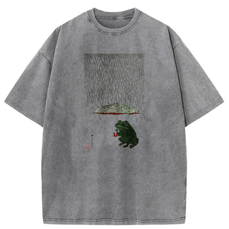 Frog Under Umbrella In Rainy Scene tshirt 100% cotton