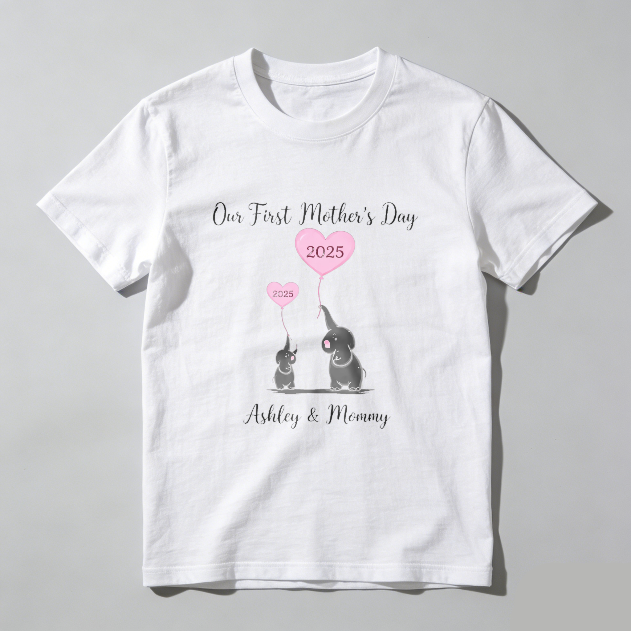 TEECURENT Our First Mothers Day 2025 Elephant Mom And Baby Shirt Ashley And Mommy Custom Motherhood Gift T-Shirt WOMEN