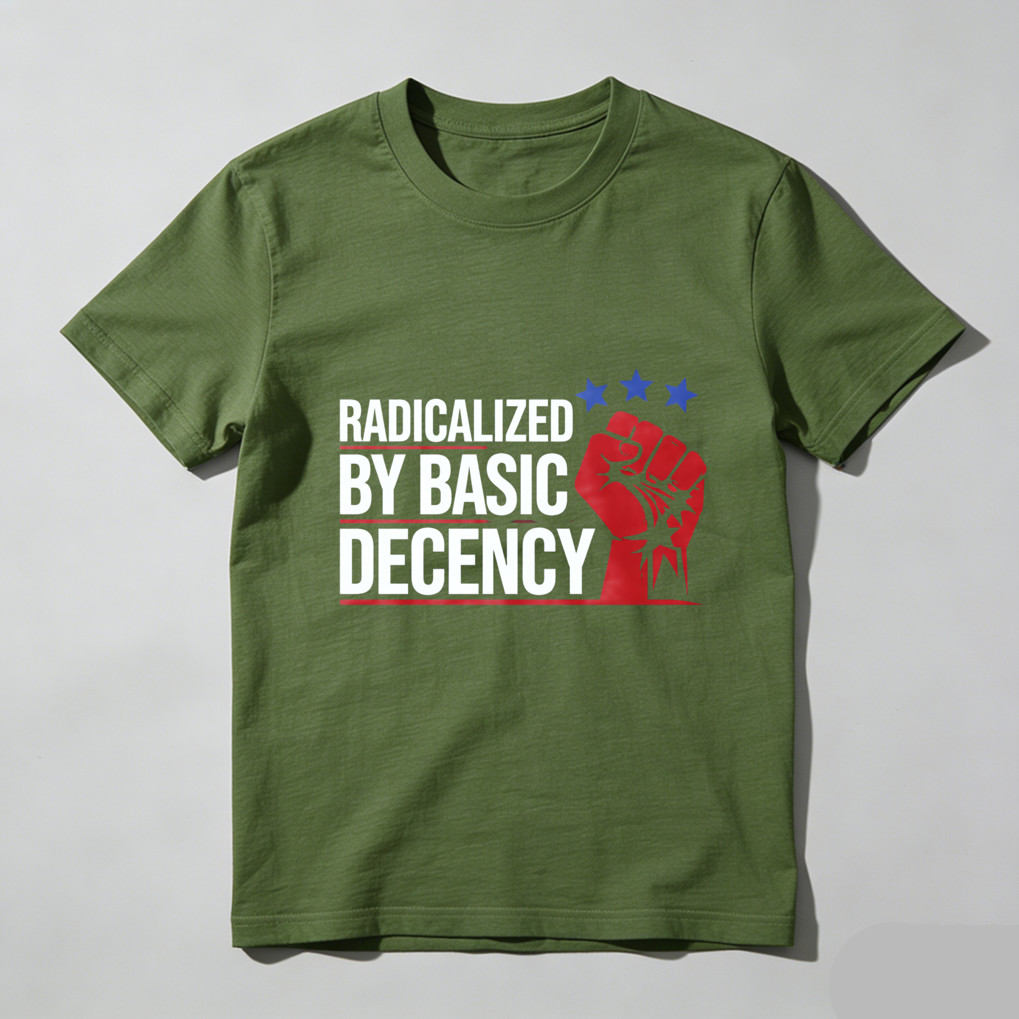 TEECURENTRadicalized By Basic Decency T Shirt With Fist Graphic And Stars Design For Men And Women-TeeCurent