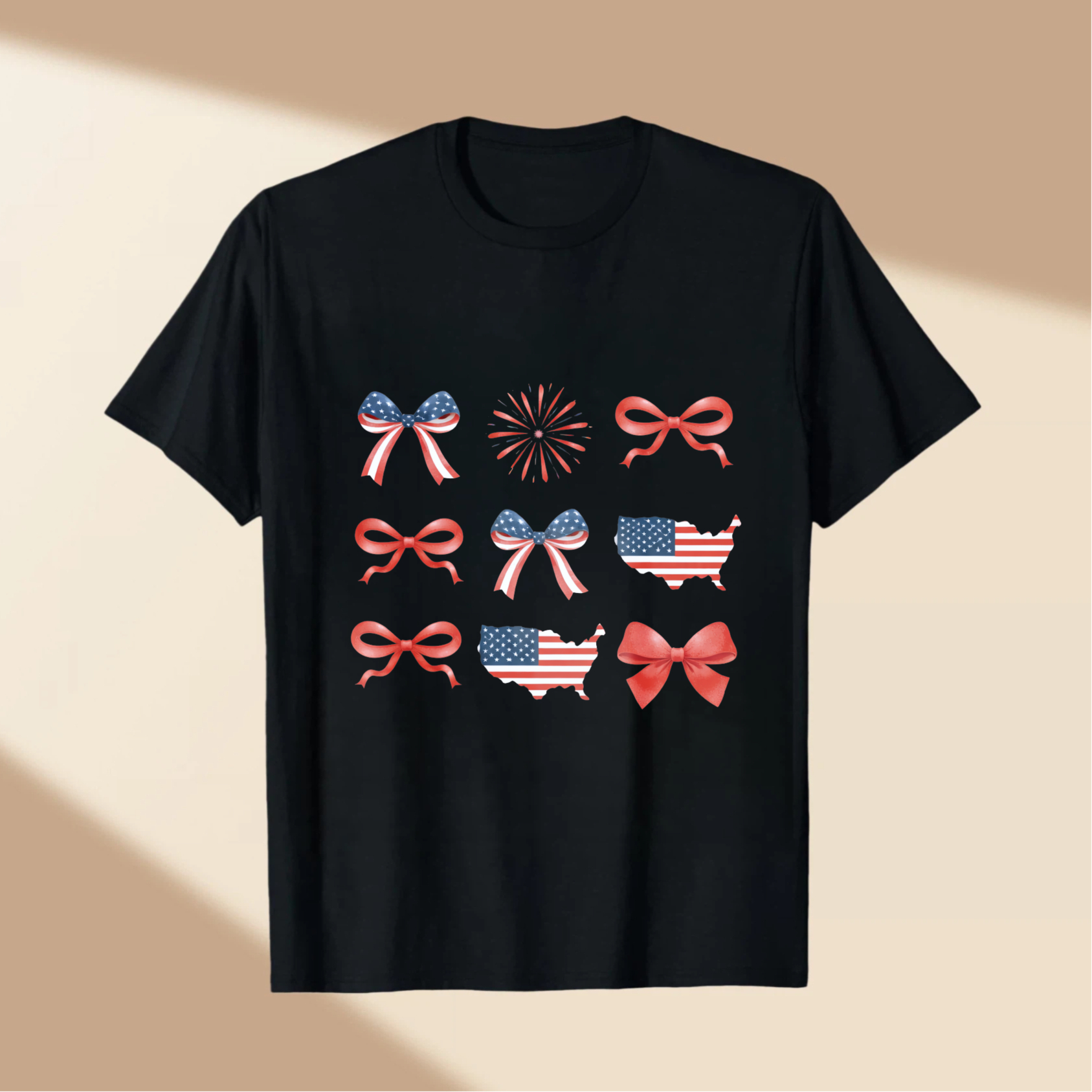 TEECURENT Patriotic Usa Flag Bow Fireworks Map T Shirt Independence Day Celebration Apparel WOMEN