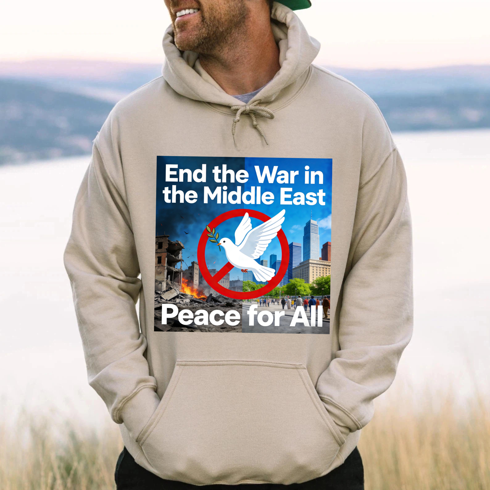 TEECURENT End The War In The Middle East Peace For All Hoodie With Dove And Cityscape Design