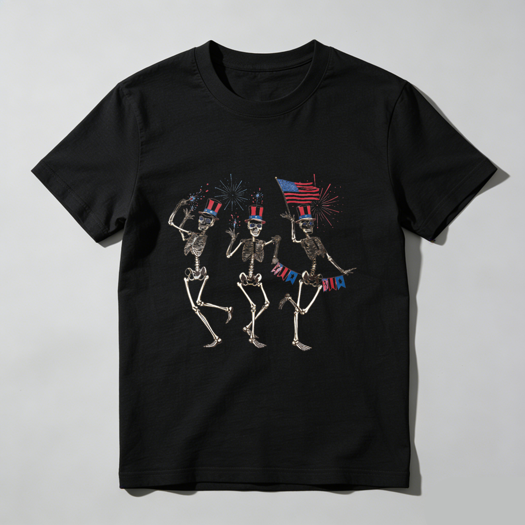TEECURENT Skeletons Dancing With American Flag And Fireworks Independence Day Patriotic T Shirt WOMEN