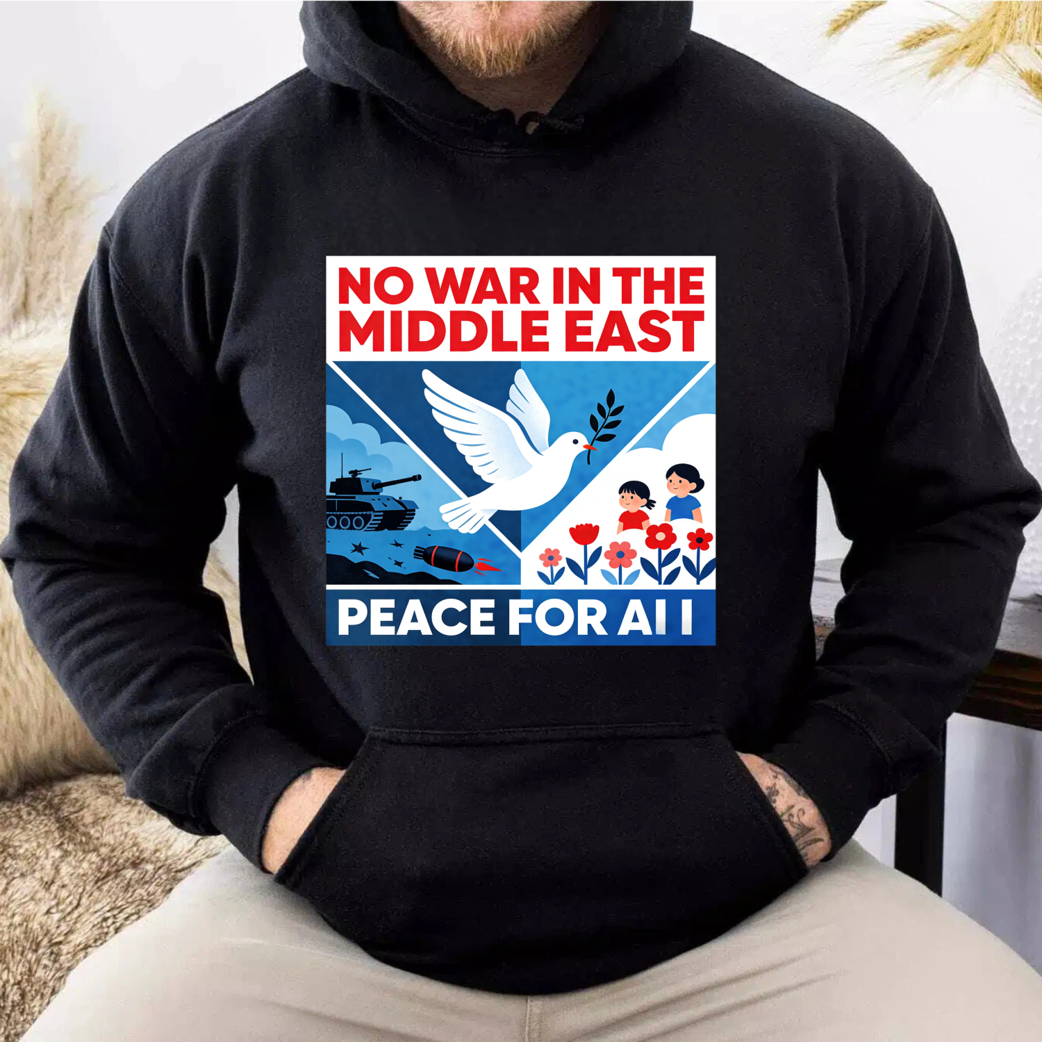 TEECURENT No War In The Middle East Peace For All Hoodie Black Sweatshirt With Graphic Design And Message For Peace Awareness And Social Statement