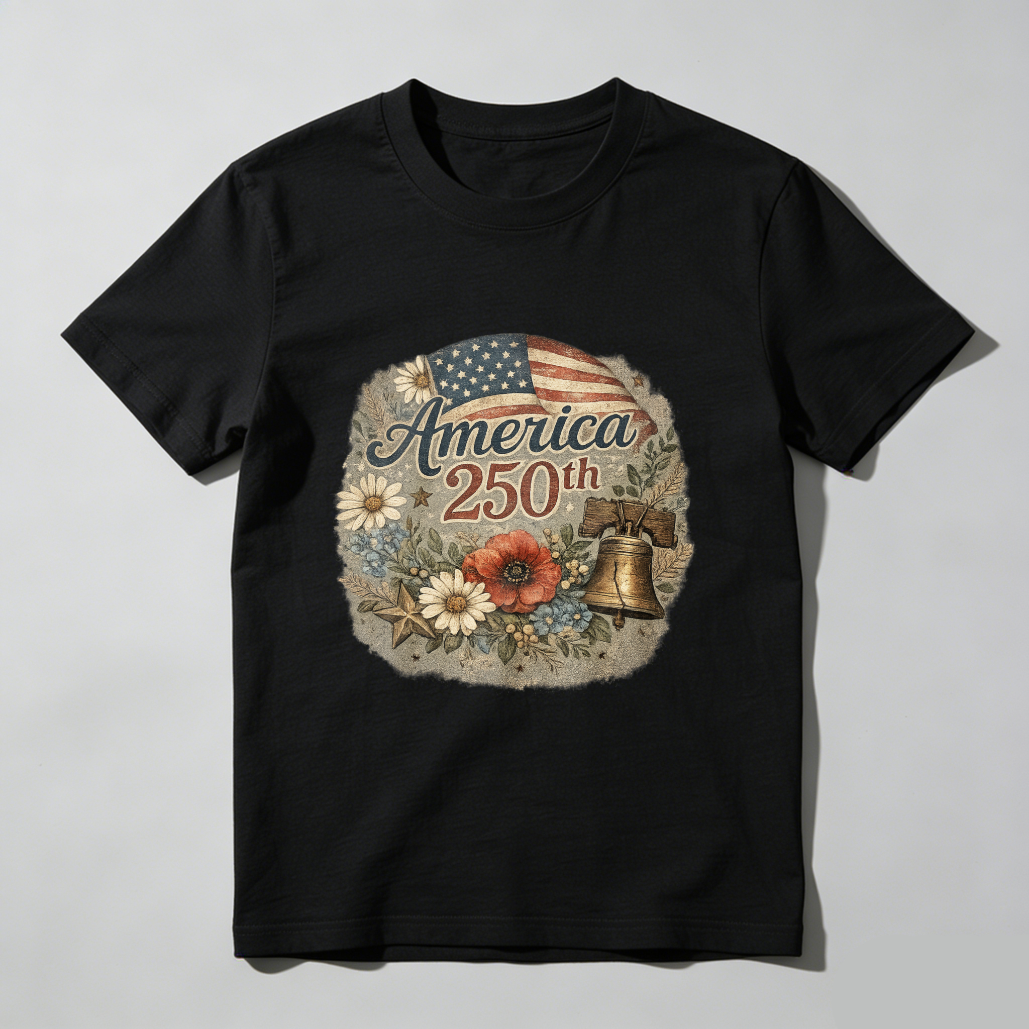 America 250th Anniversary Independence Day Patriotic T Shirt With American Flag Liberty Bell And Flowers Design