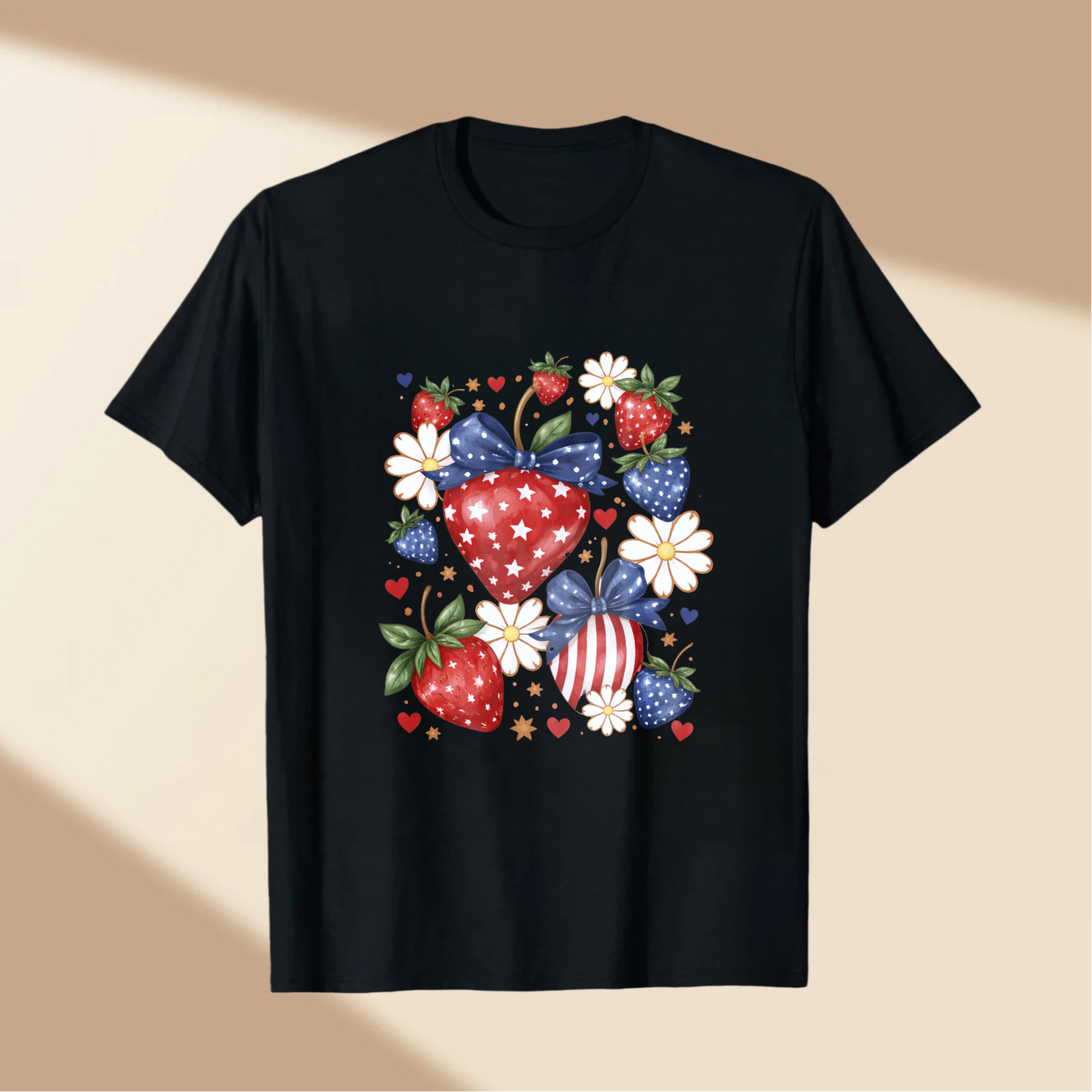 TEECURENT Patriotic Strawberry Heart Design American Flag Theme T Shirt Independence Day Celebration Apparel Red White Blue Stars And Stripes Fruit Pattern Casual Wear For Men Women Unisex Fashion Top WOMEN