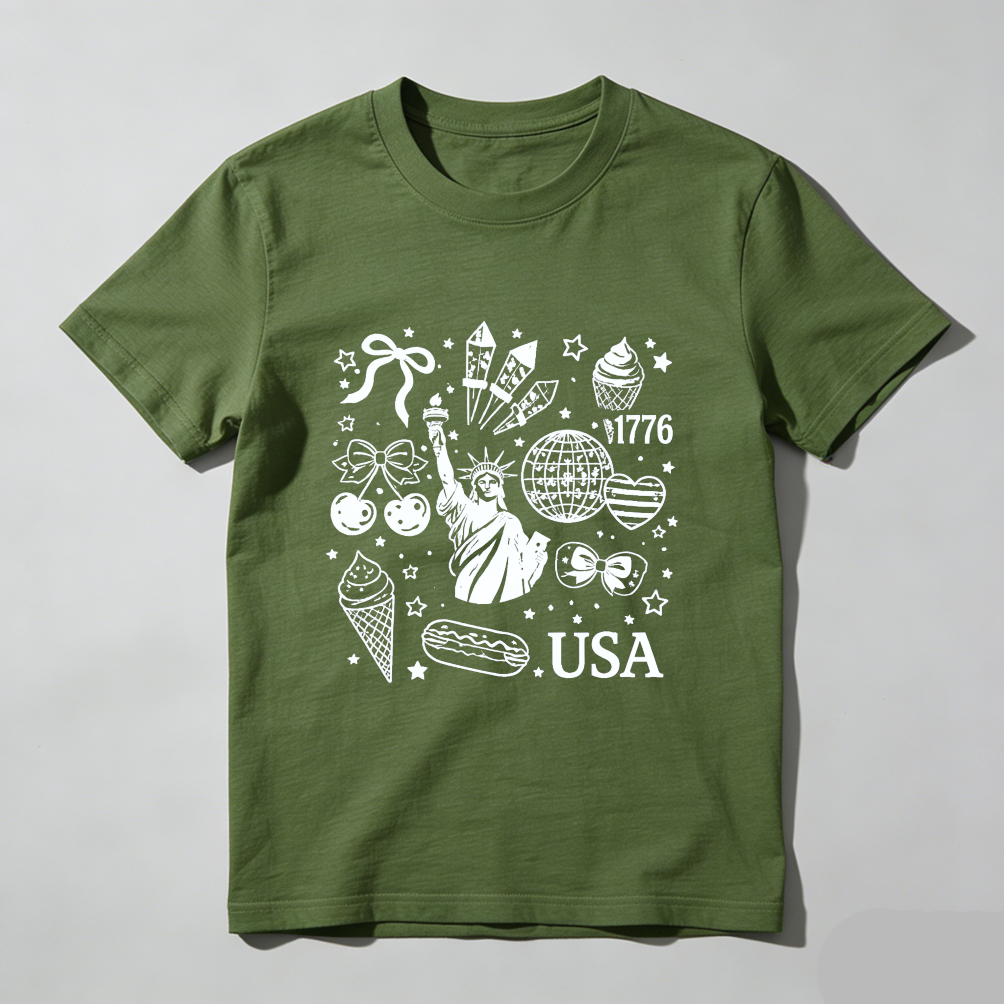 TEECURENT American Independence Day Celebration T Shirt Usa 1776 Statue Of Liberty Fireworks Ice Cream Hot Dog Stars And Stripes Patriotic Design WOMEN