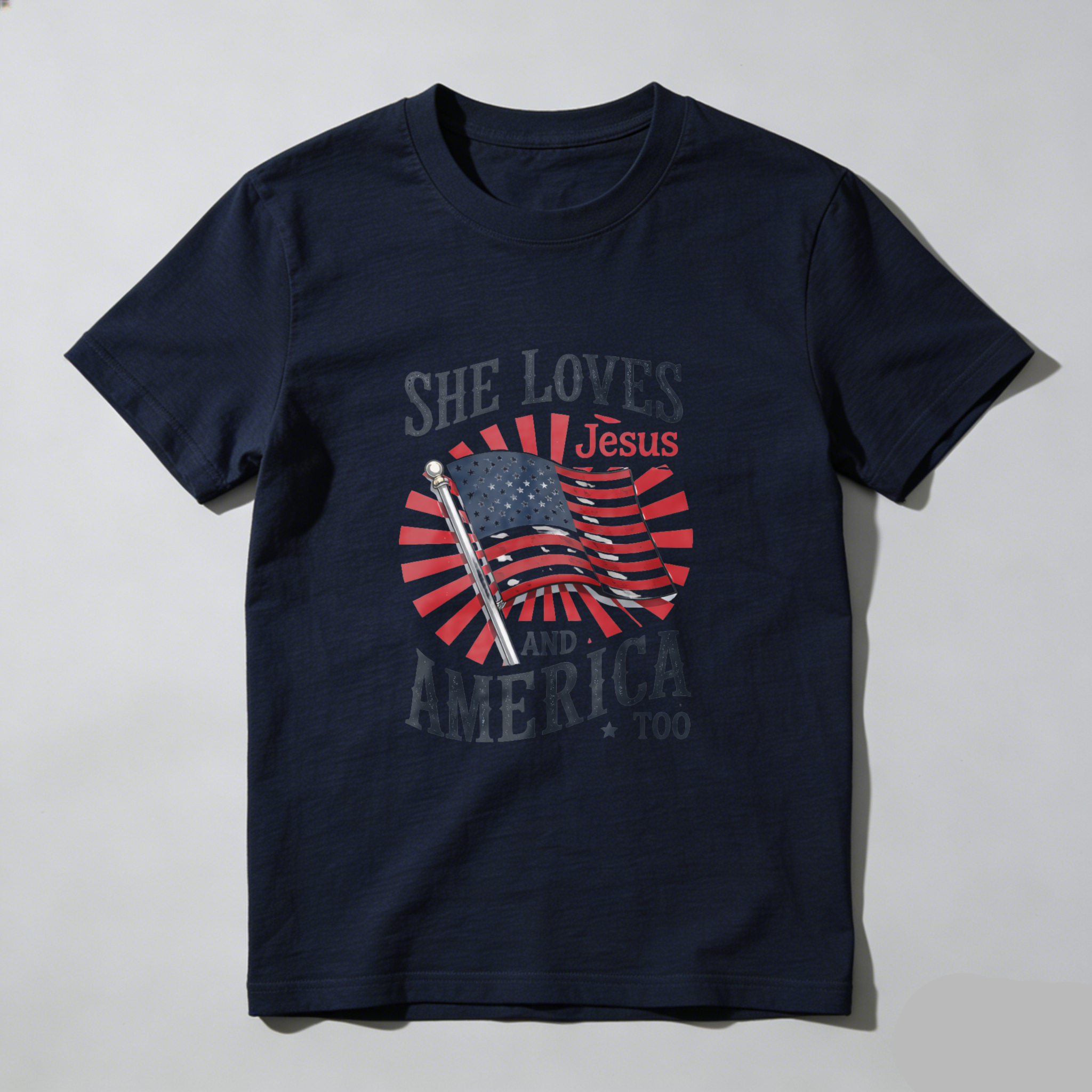TEECURENT She Loves Jesus And America Too Patriotic Christian T Shirt For Women American Flag Design Black Cotton Top WOMEN