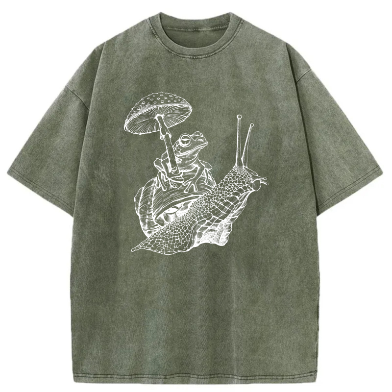 Frog Riding Snail Under Mushroom tshirt 100% cotton