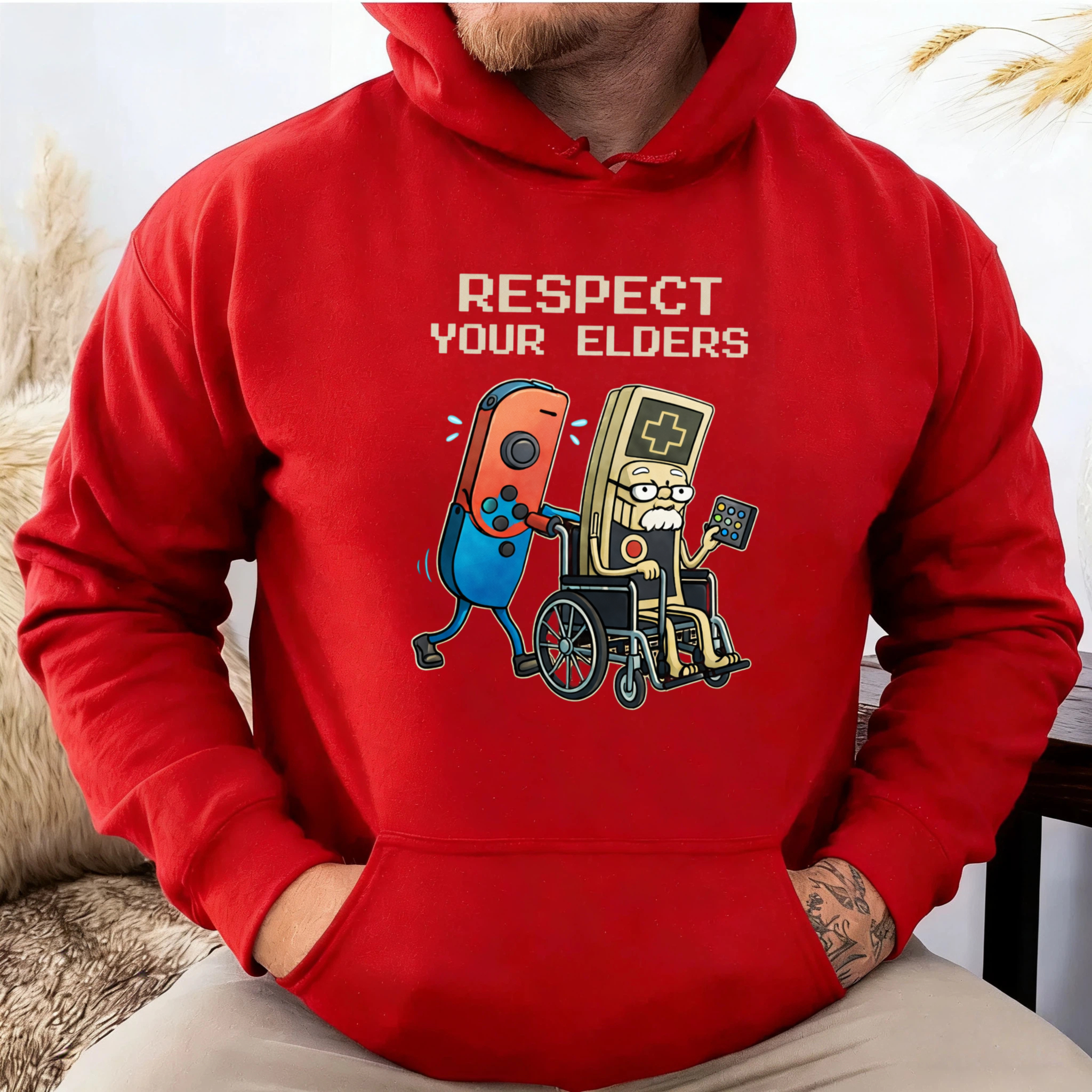 TEECURENT Gildan Respect Your Elders Gaming Controller Hoodie With Retro Game Console And Wheelchair Design For Gamers And Nostalgia Lovers