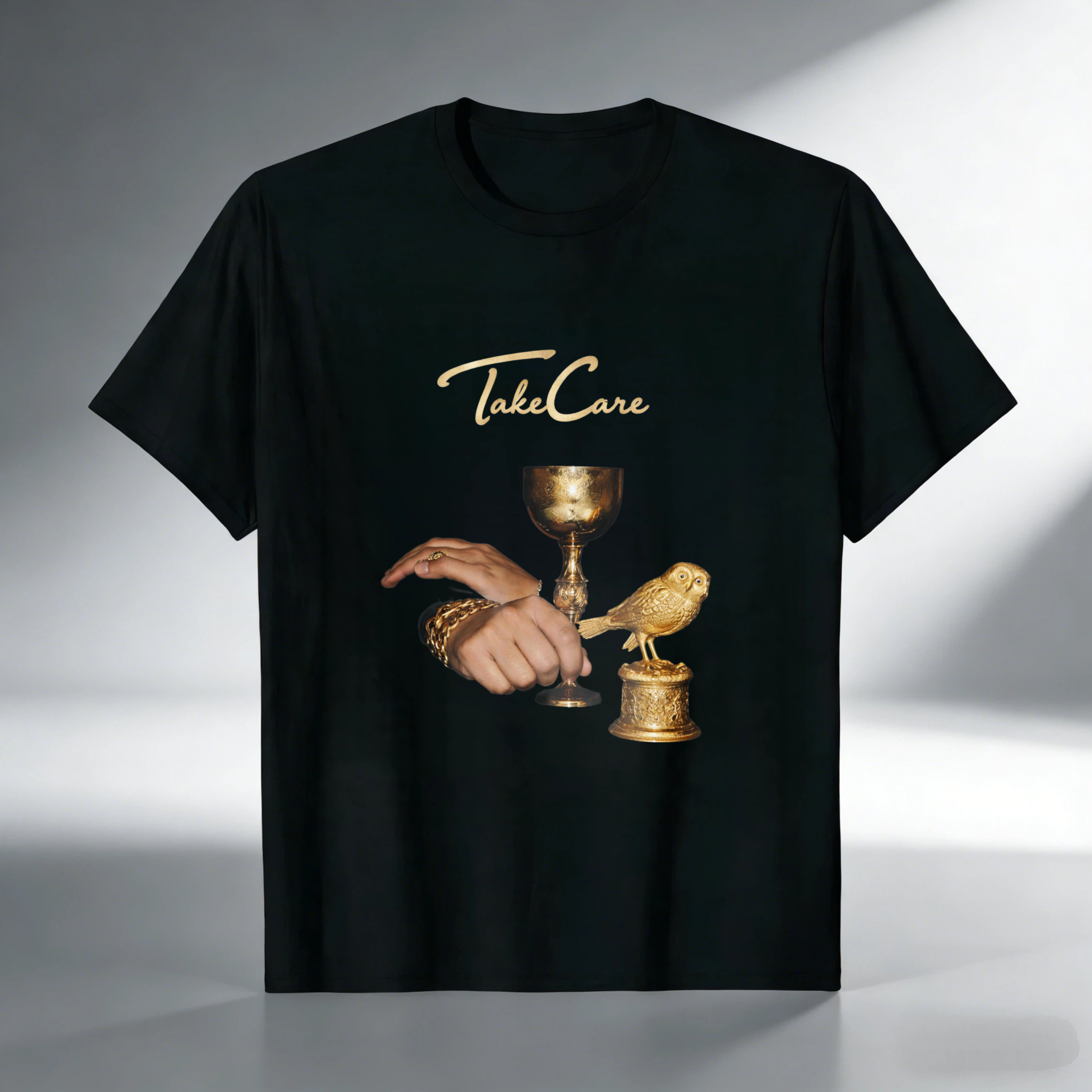 TEECURENT Take Care Golden Bird And Chalice Design T Shirt Men Women Fashion Casual Wear Artistic Statement Graphic Tee