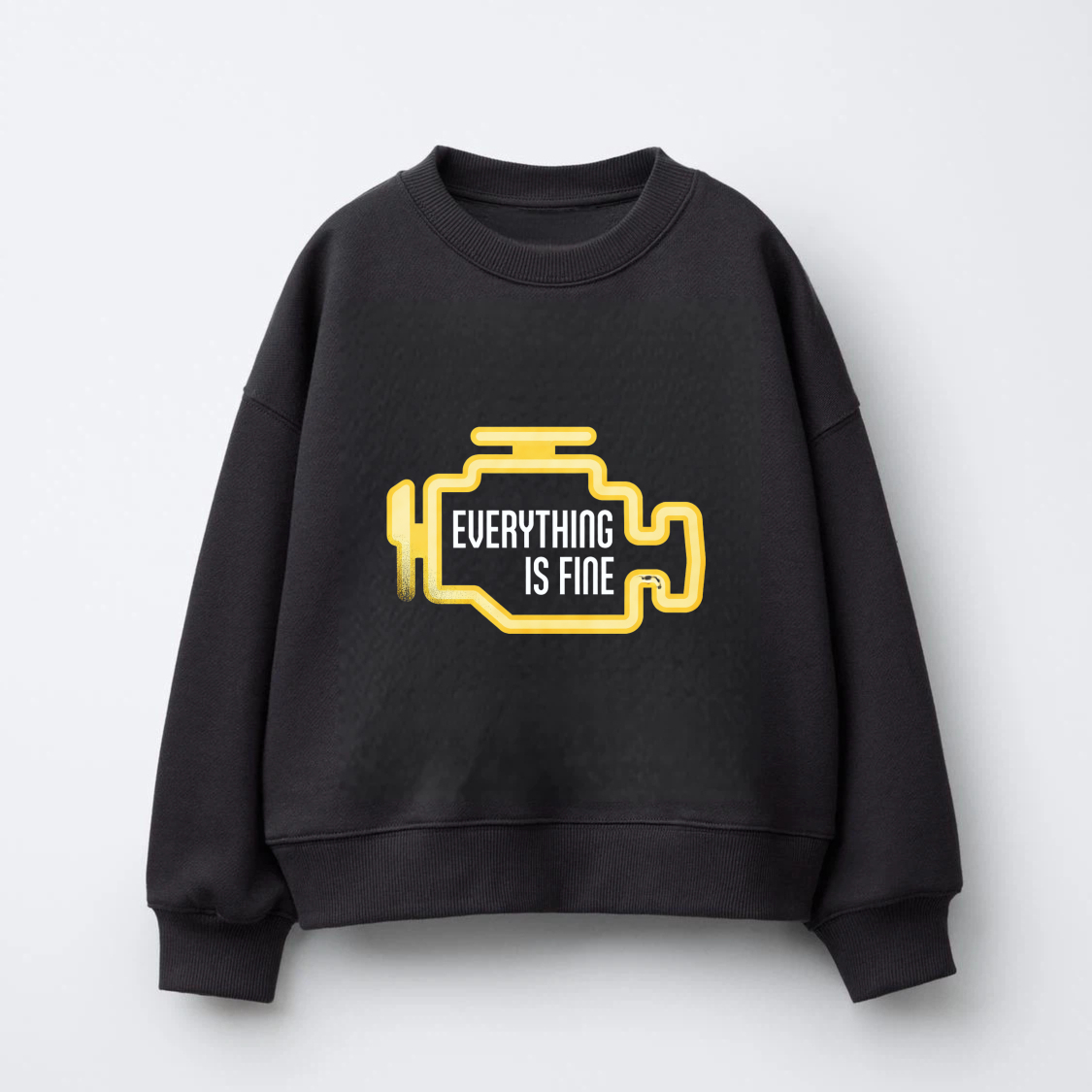 TEECURENT Everything Is Fine Sweatshirt Black With Yellow Graphic Design Casual Crewneck Pullover For Men Women Unisex Fashion Statement Top