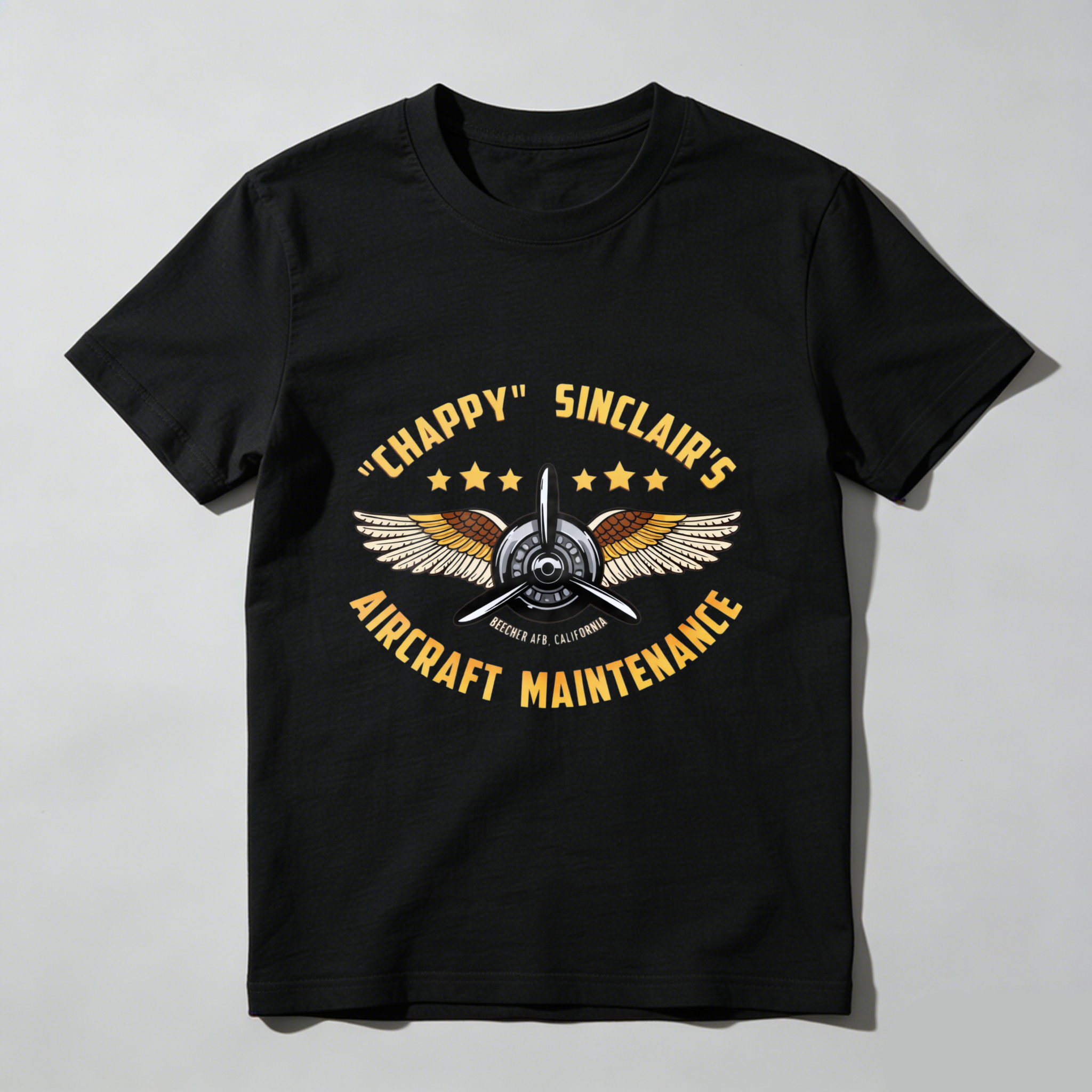 Chappy Sinclairs Aircraft Maintenance T Shirt Black Vintage Aviator Design With Wings And Propeller Logo For Aviation Enthusiasts