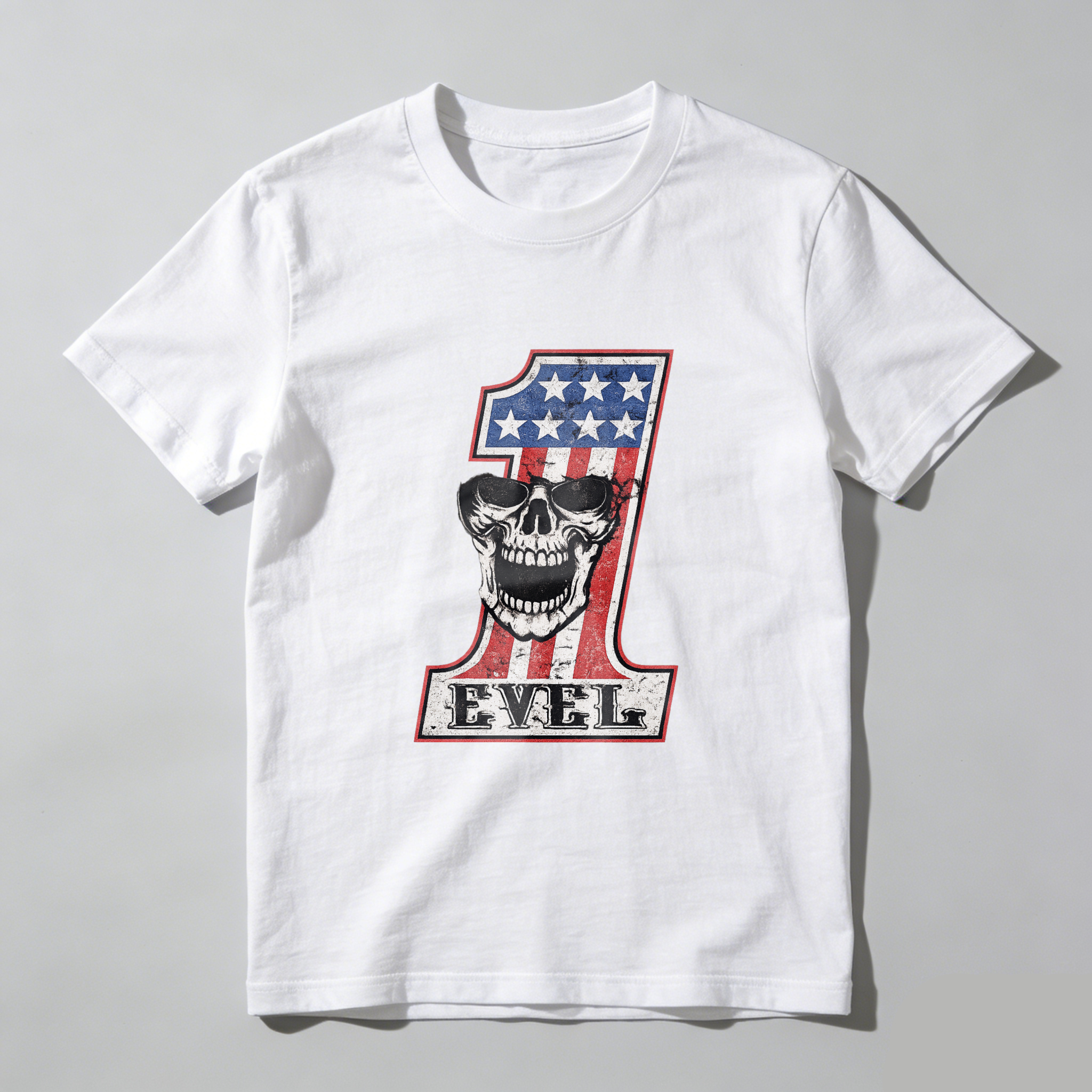 Level One American Flag Skull Design Black T-Shirt Made In Usa