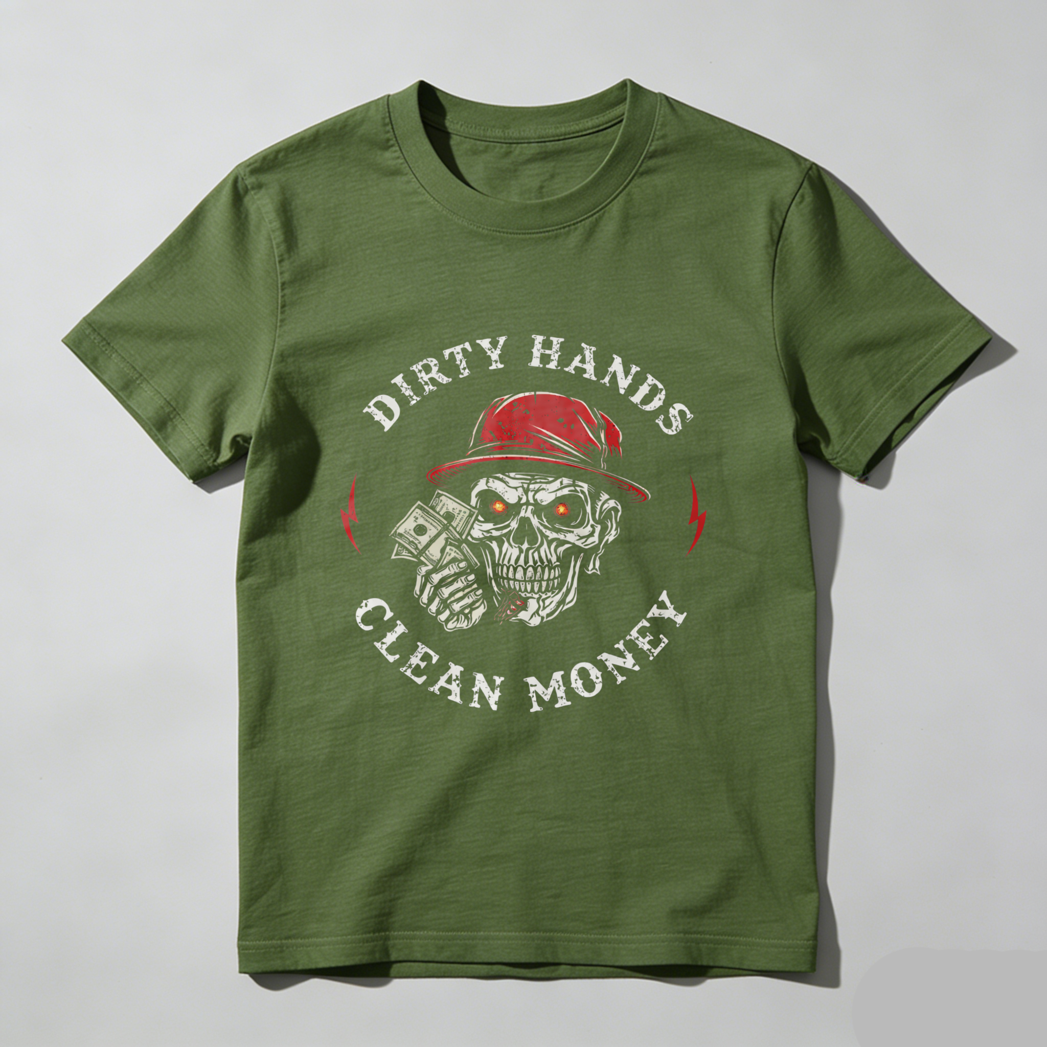 TEECURENT Dirty Hands Clean Money Skull T Shirt With Red Hat And Money Graphic Design For Men And Women