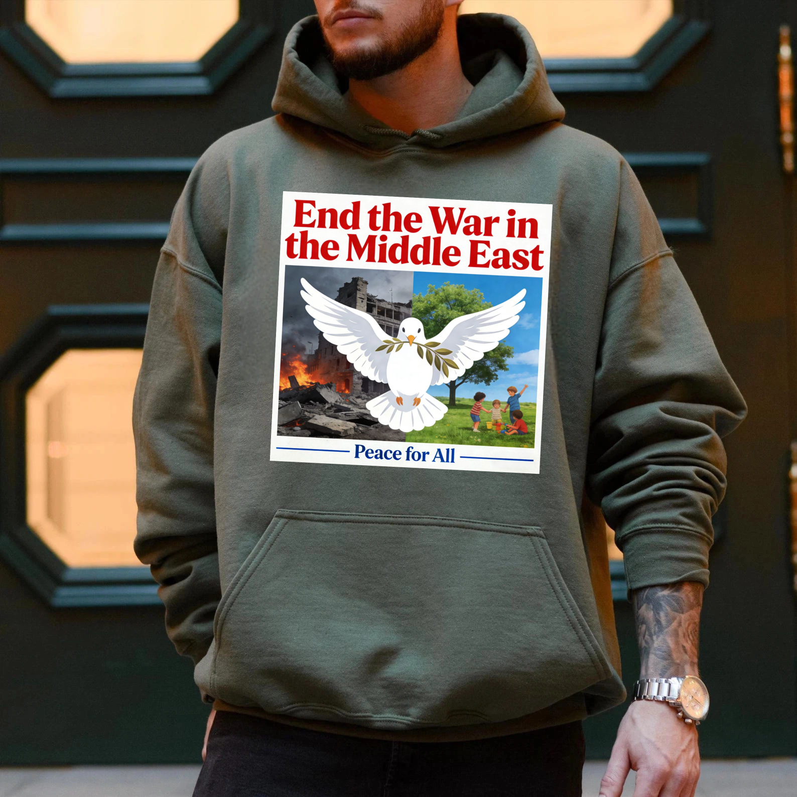 TEECURENT End The War In The Middle East Peace For All Hoodie With Dove And Olive Branch Design For Peace Advocates And Humanitarian Supporters