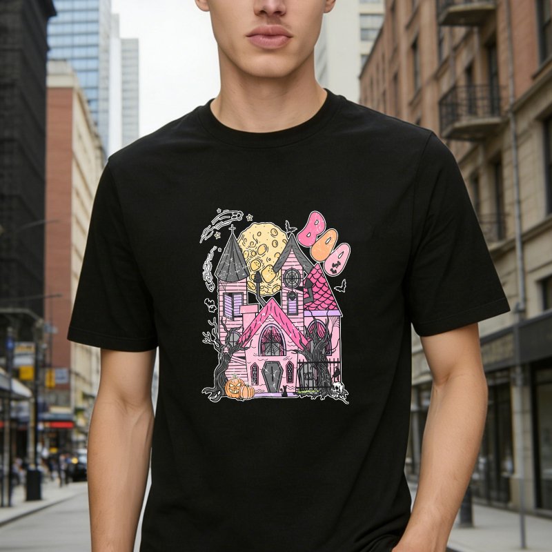 Pink Haunted House With Moon And Bats Unisex Classic T-shirt
