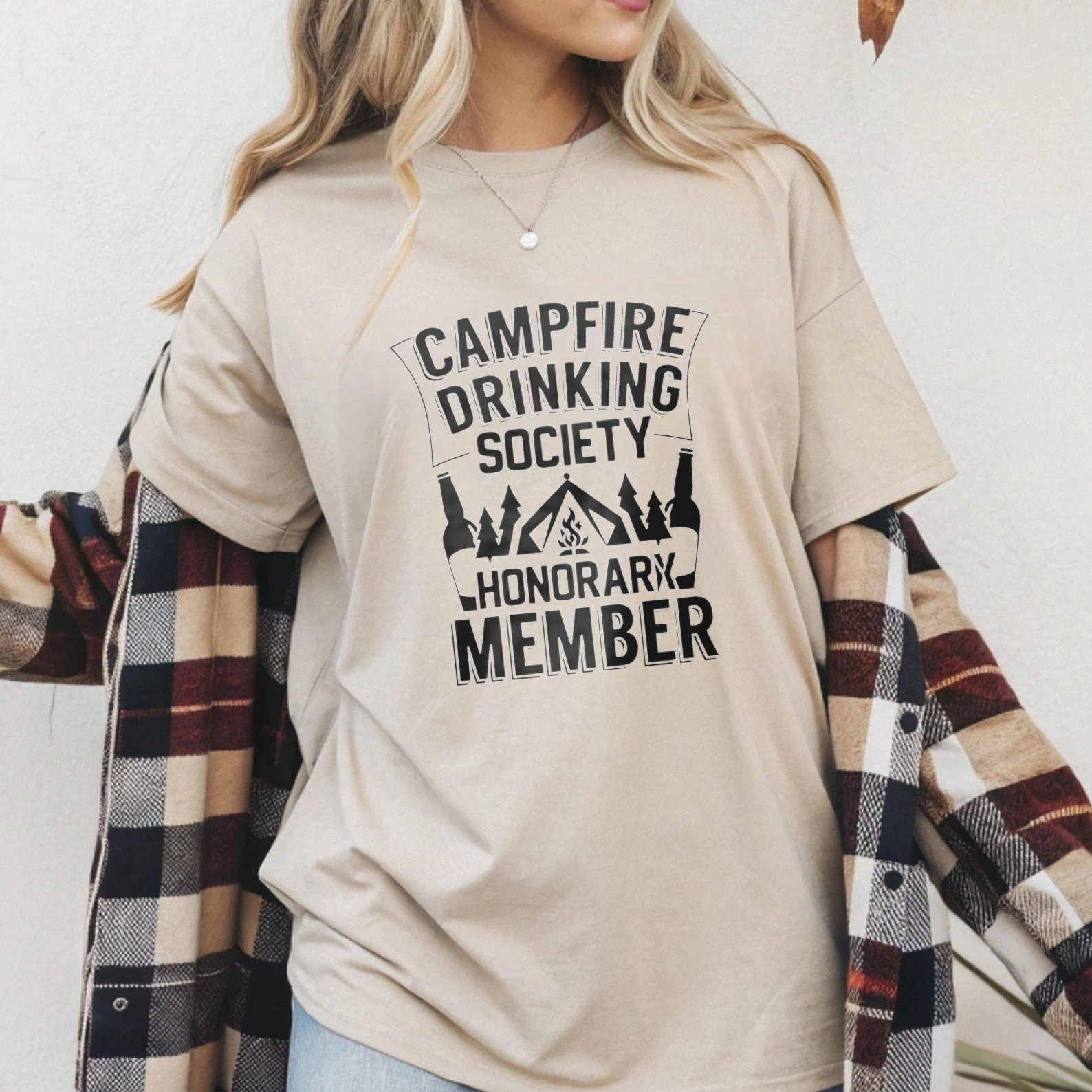TEECURENT Campfire Drinking Society Honorary Member T-Shirt Outdoor Camping Beer Party Shirt Funny Gift For Men Women WOMEN