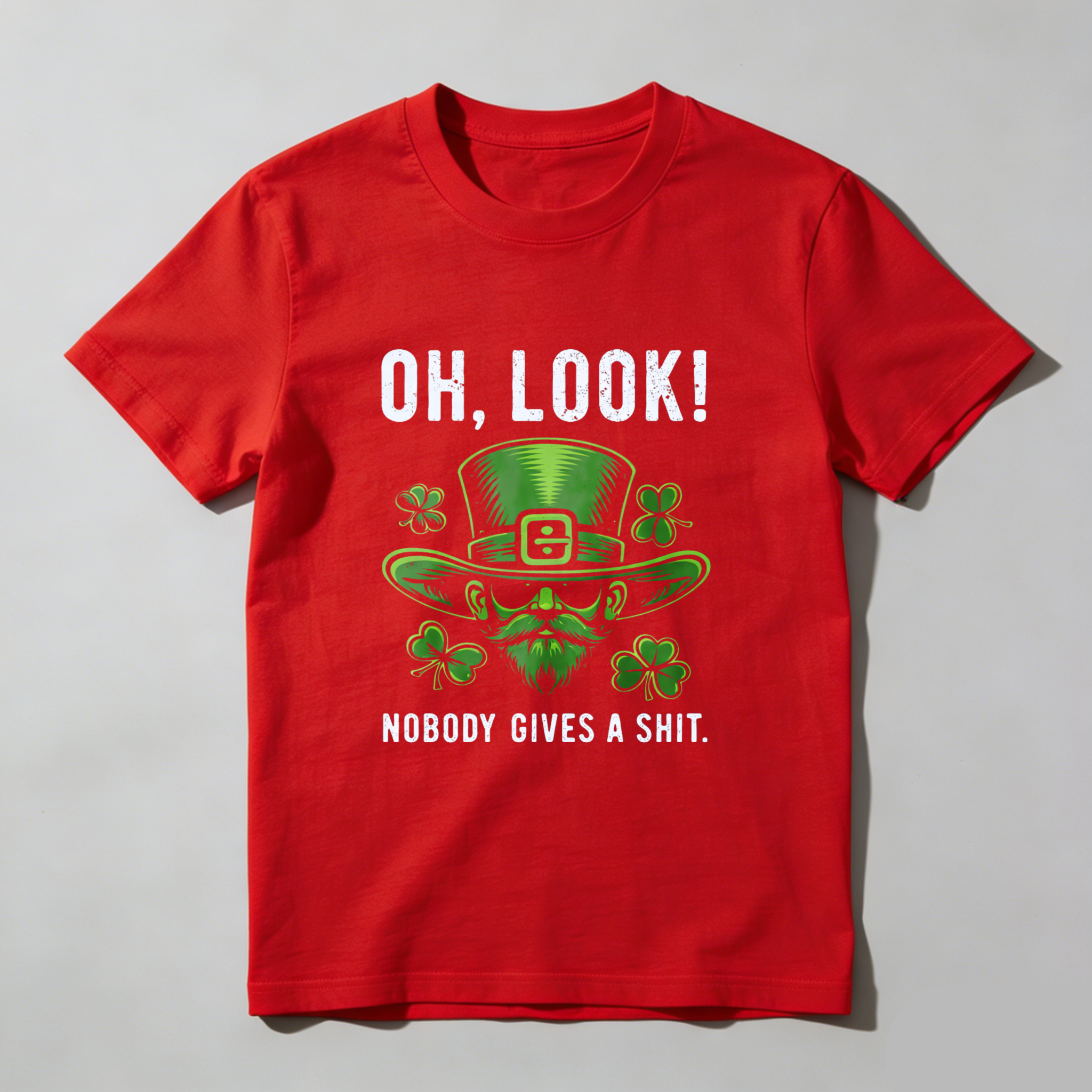 TEECURENT Oh Look Nobody Gives A Shit St Patrick's Day T-Shirt With Leprechaun Hat And Shamrocks Design For Men Women Funny Irish Holiday Shirt